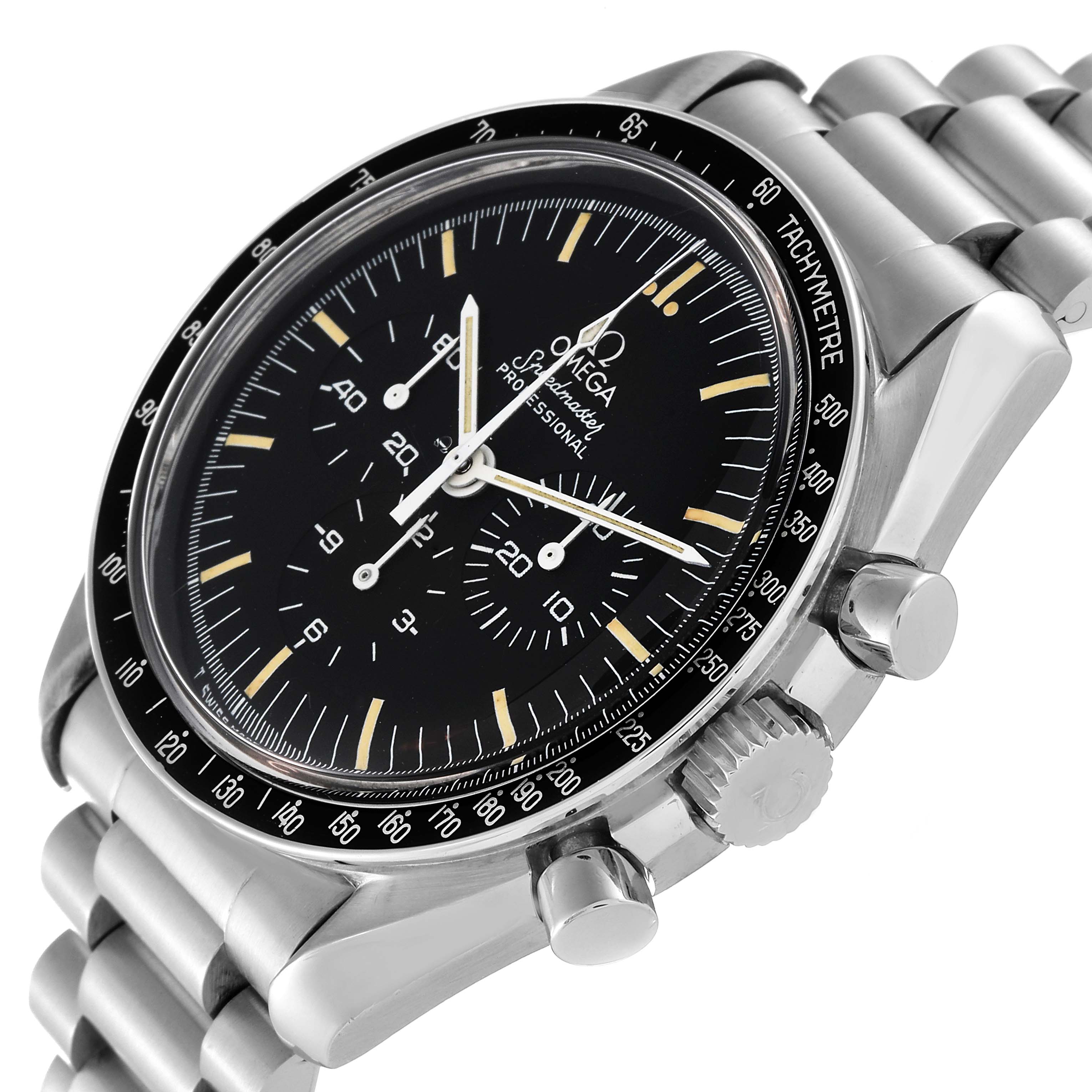 This image shows an angled view of the Omega Speedmaster 145.0022.101 Men
s Stainless Steel Black Dial 145.0022.101 Men
s Stainless Steel Black Dial watch, highlighting the black dial, subdials, tachymeter bezel, and metal bracelet.