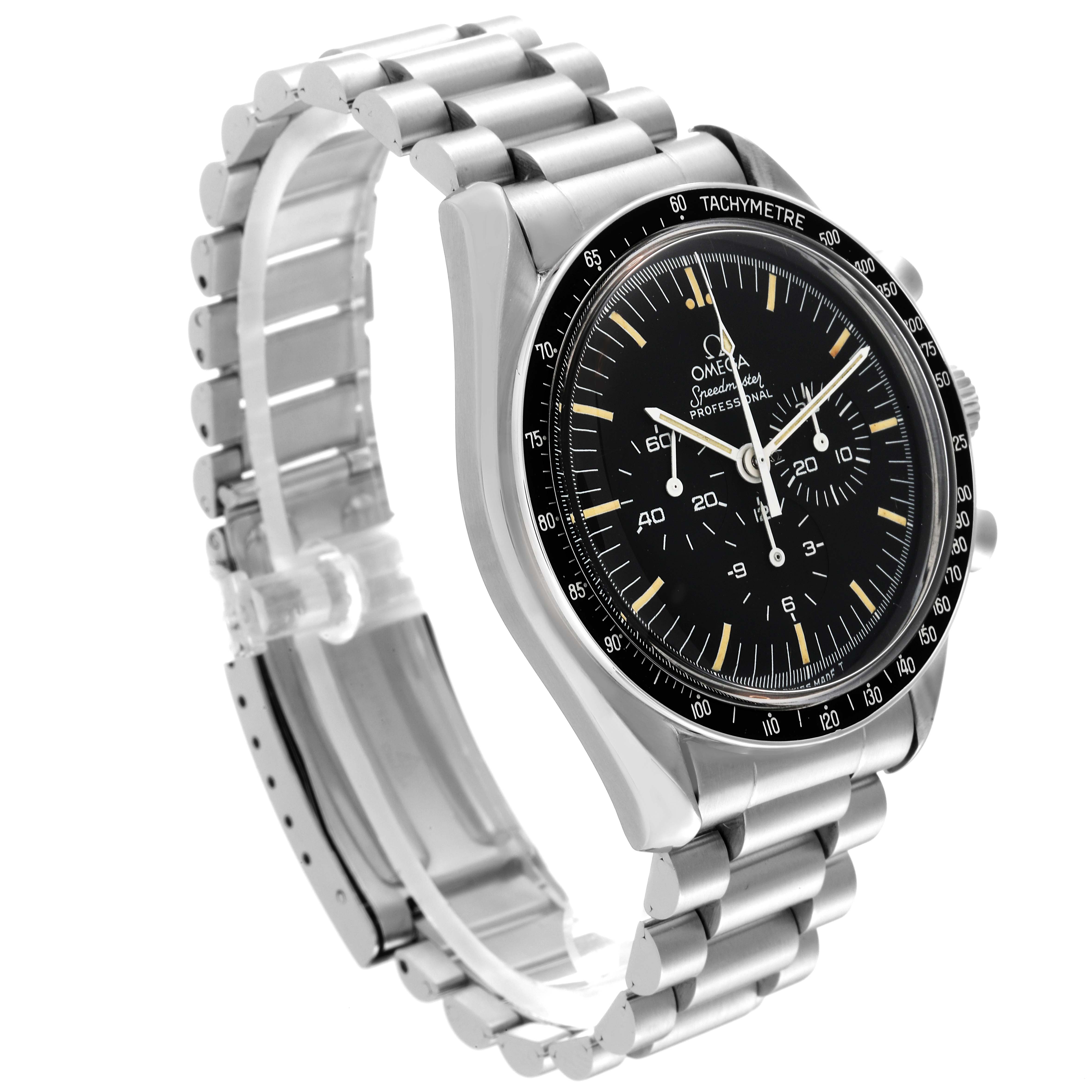 The image shows an Omega Speedmaster 145.0022.101 Men
s Stainless Steel Black Dial 145.0022.101 Men
s Stainless Steel Black Dial watch at a three-quarter angle, highlighting its bracelet, tachymeter bezel, and dial.