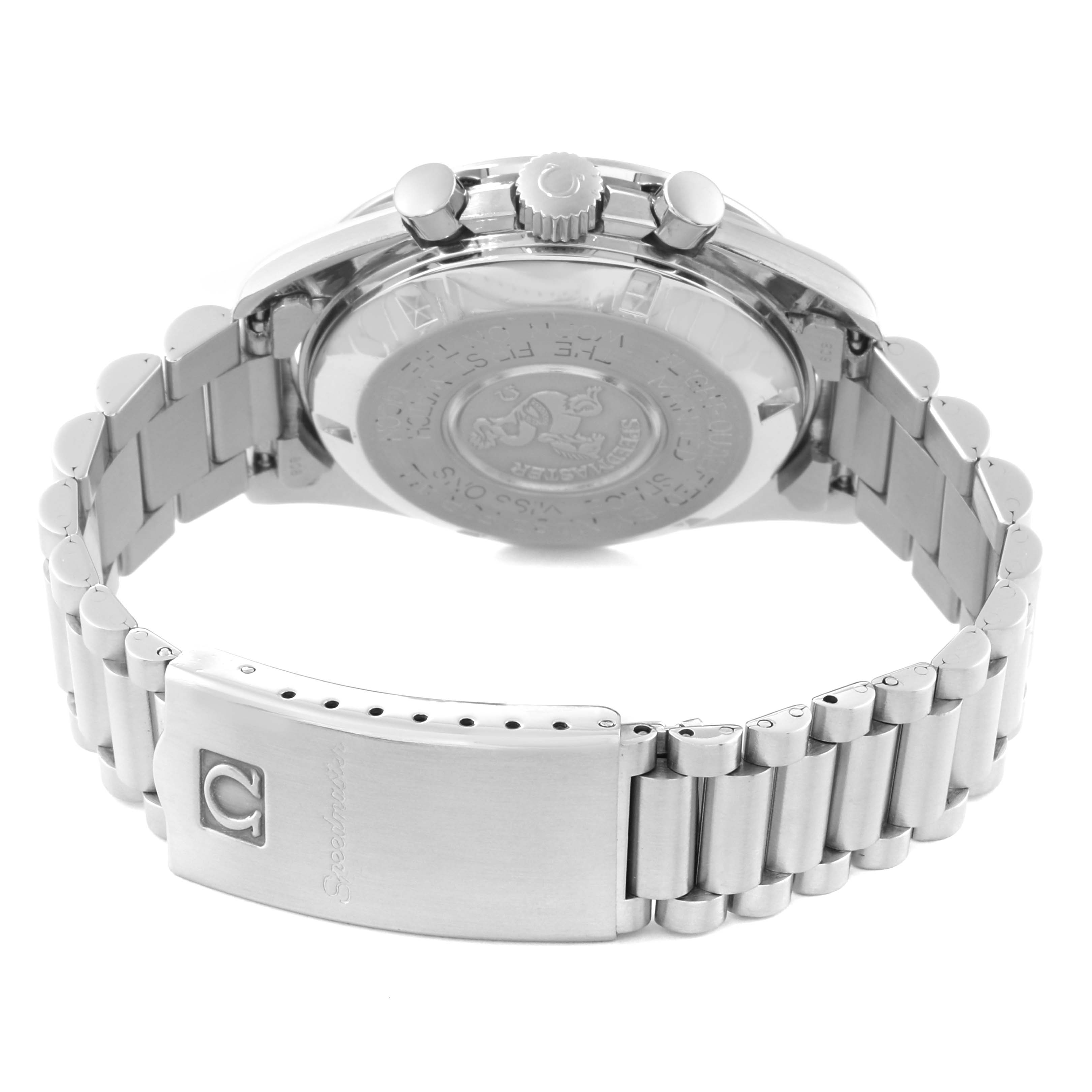 The image shows the backside and clasp of an Omega Speedmaster 145.0022.101 Men
s Stainless Steel Black Dial 145.0022.101 Men
s Stainless Steel Black Dial watch, highlighting the bracelet and caseback detail.