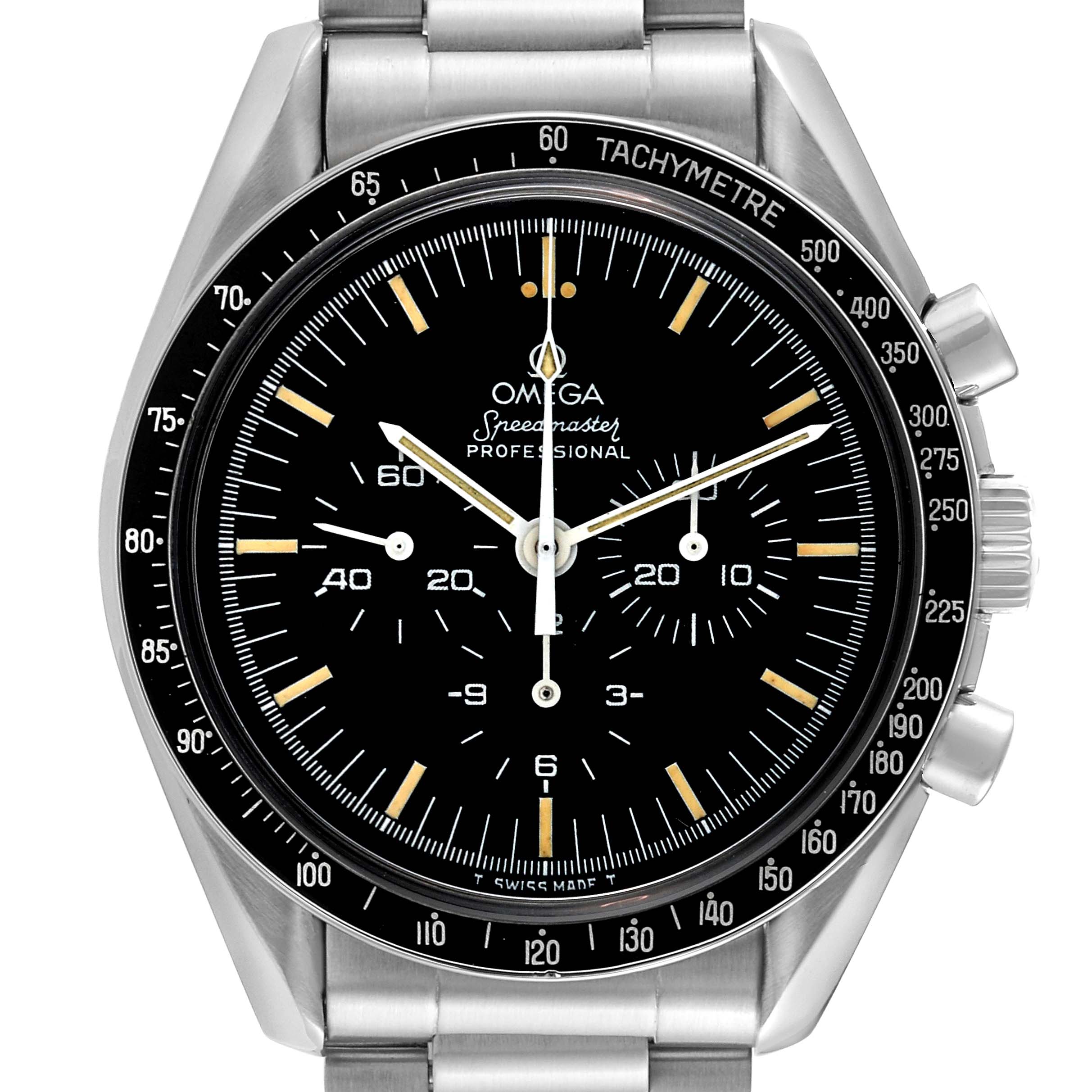 This image shows a front view of an Omega Speedmaster 145.0022.101 Men
s Stainless Steel Black Dial 145.0022.101 Men
s Stainless Steel Black Dial watch, highlighting the dial, bezel, and bracelet.