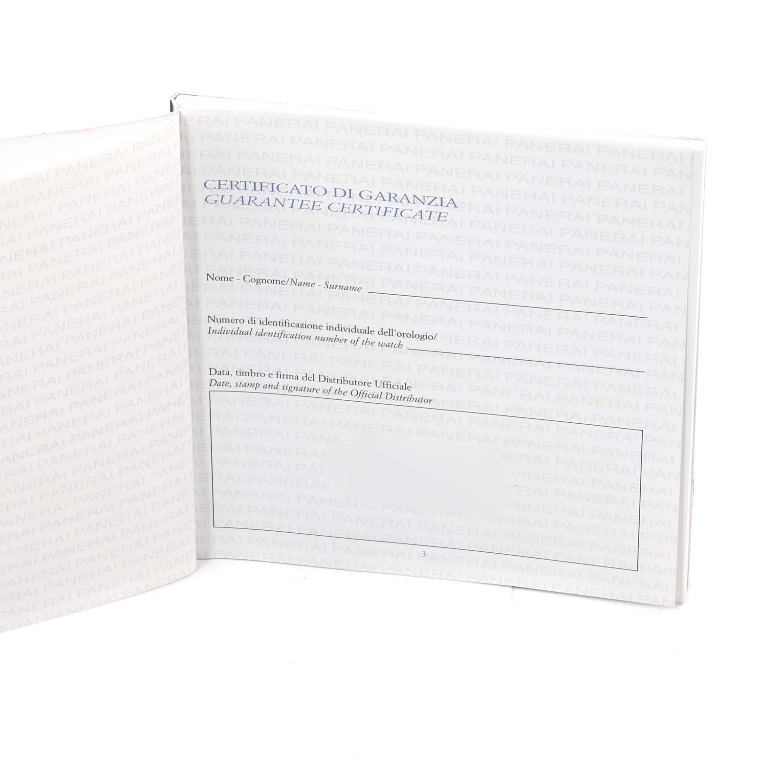 The image shows an open guarantee certificate booklet for a Panerai Luminor PAM00347 Men
s Stainless Steel Black Dial PAM00347 Men
s Stainless Steel Black Dial watch, displaying the inside pages.