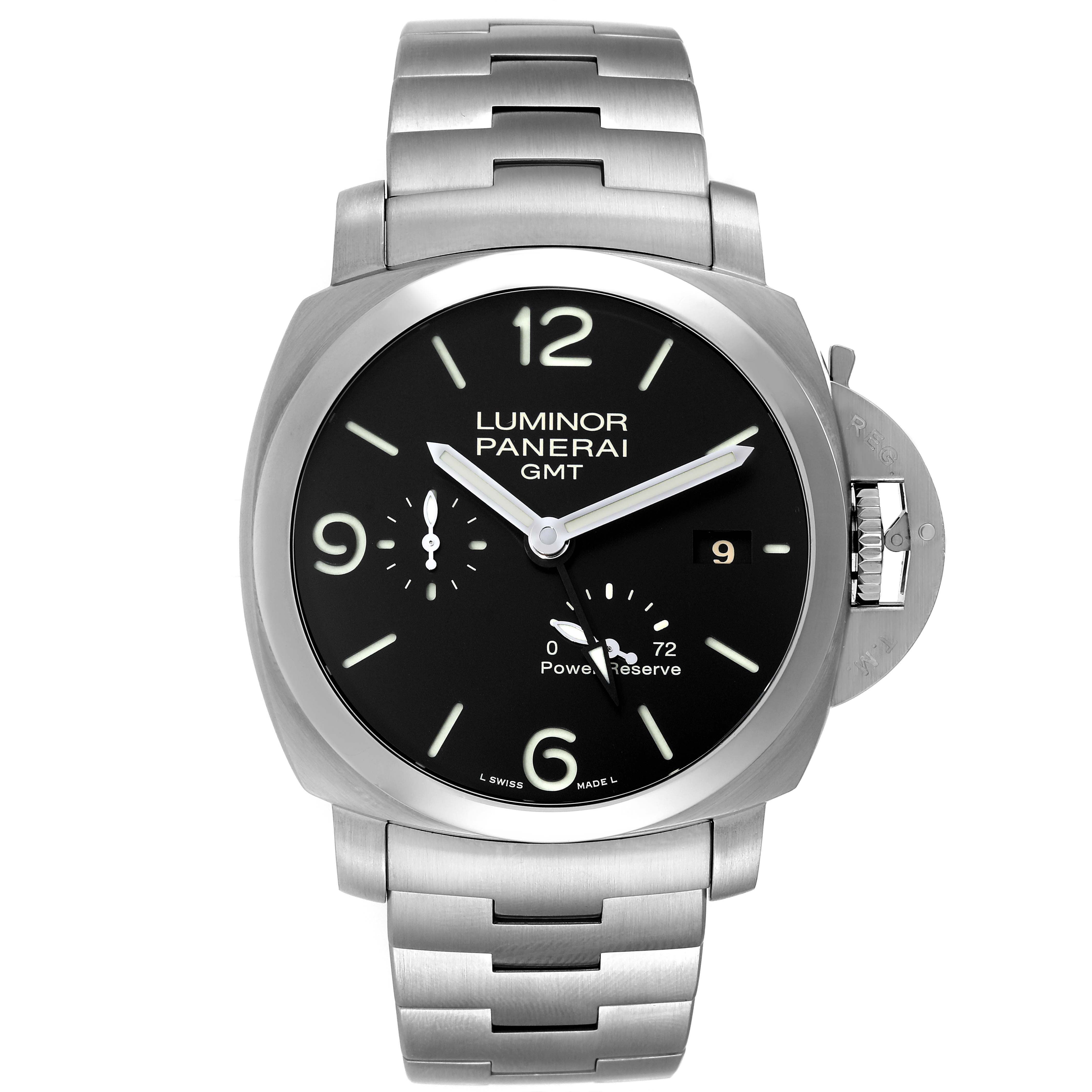 The image shows a front view of a Panerai Luminor PAM00347 Men
s Stainless Steel Black Dial PAM00347 Men
s Stainless Steel Black Dial GMT watch with a metal bracelet and black dial.