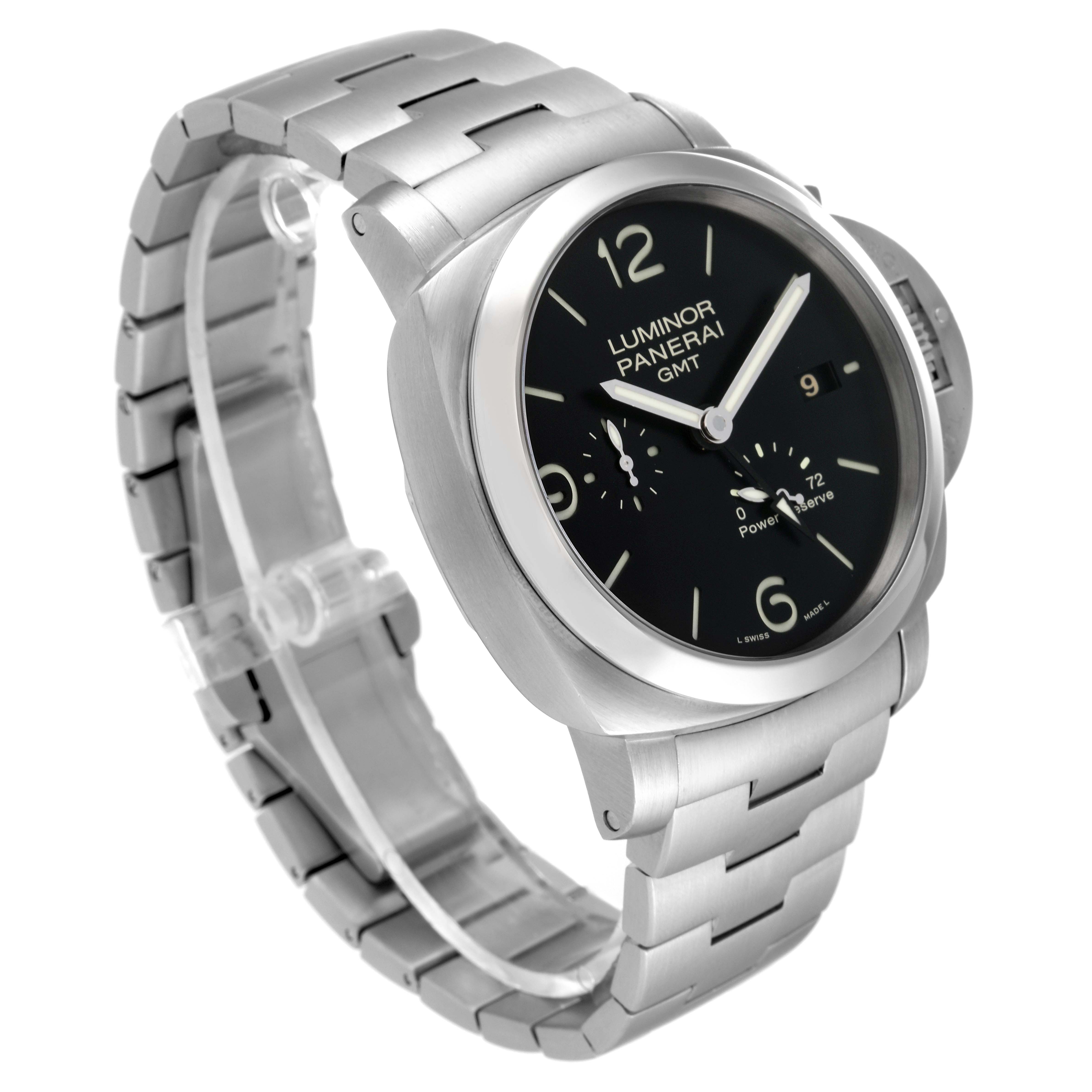 The image shows a Panerai Luminor PAM00347 Men
s Stainless Steel Black Dial PAM00347 Men
s Stainless Steel Black Dial watch at an angled side view, highlighting its metallic band and detailed black dial.