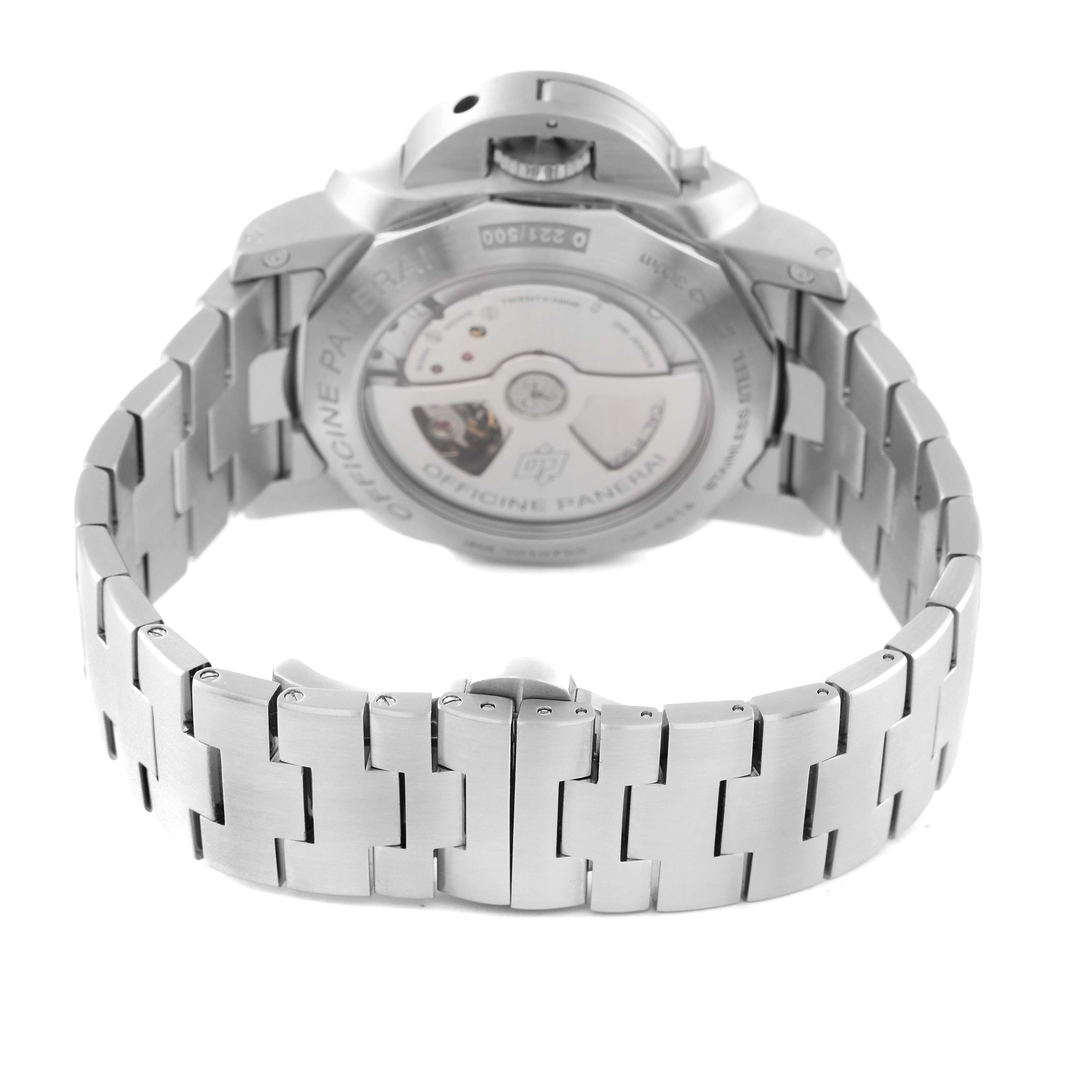 The image shows the back view of the Panerai Luminor PAM00347 Men
s Stainless Steel Black Dial PAM00347 Men
s Stainless Steel Black Dial watch, focusing on the case back and metal bracelet.