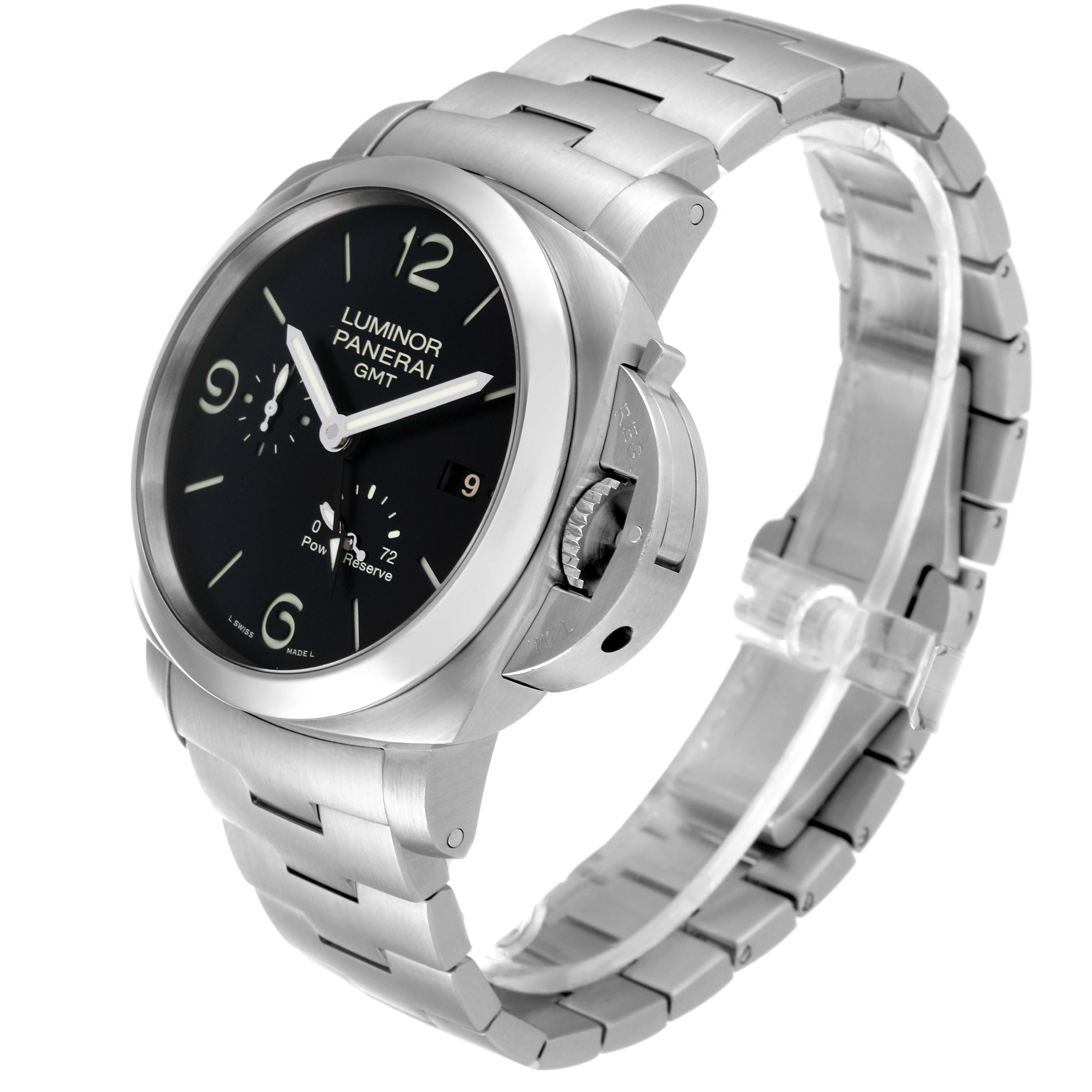 The image shows a Panerai Luminor PAM00347 Men
s Stainless Steel Black Dial PAM00347 Men
s Stainless Steel Black Dial watch from an angled side view, highlighting the bezel, dial, crown guard, and metal bracelet.