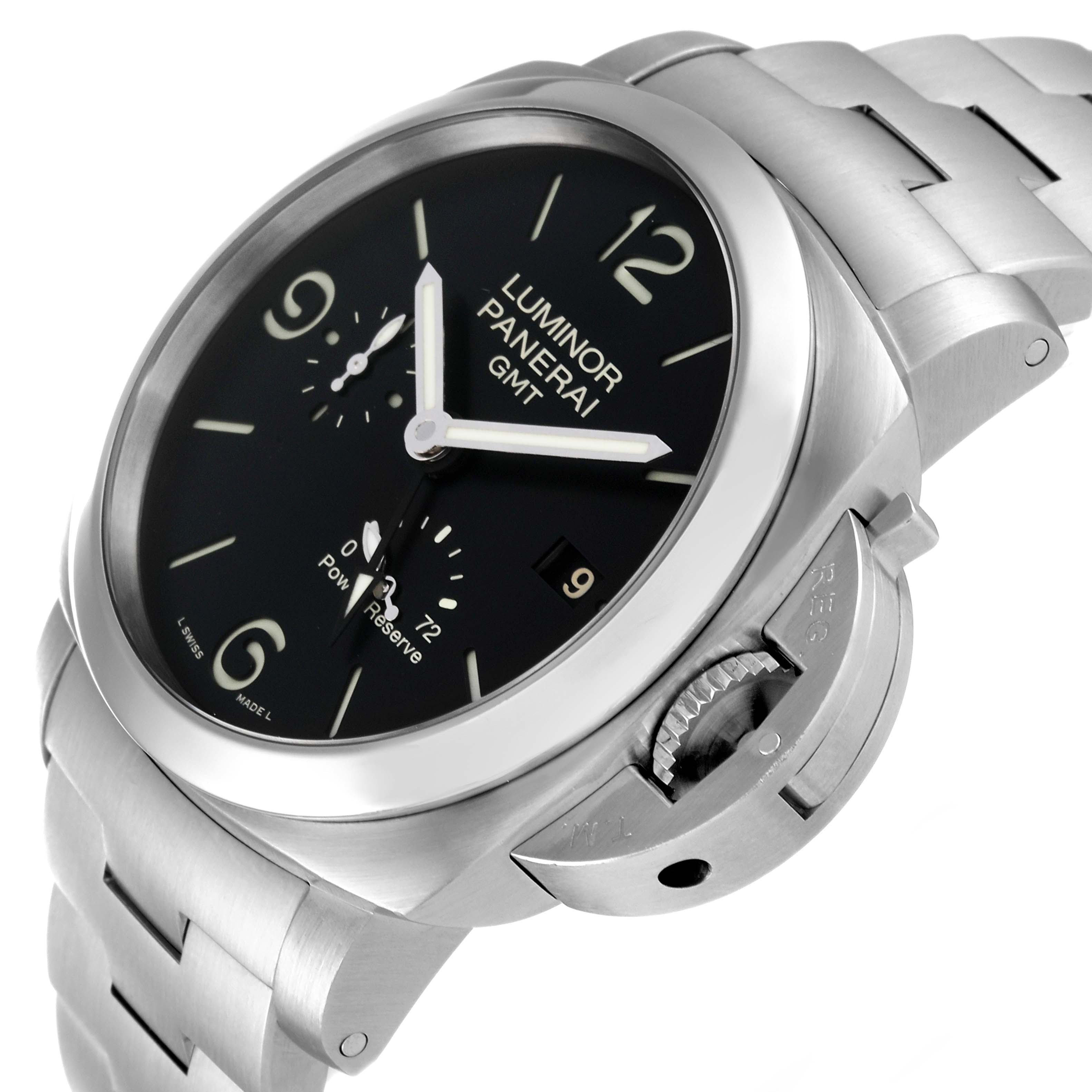 The image shows a close-up angle of the dial and bracelet of the Panerai Luminor PAM00347 Men
s Stainless Steel Black Dial PAM00347 Men
s Stainless Steel Black Dial GMT watch, displaying the crown guard and part of the bracelet.