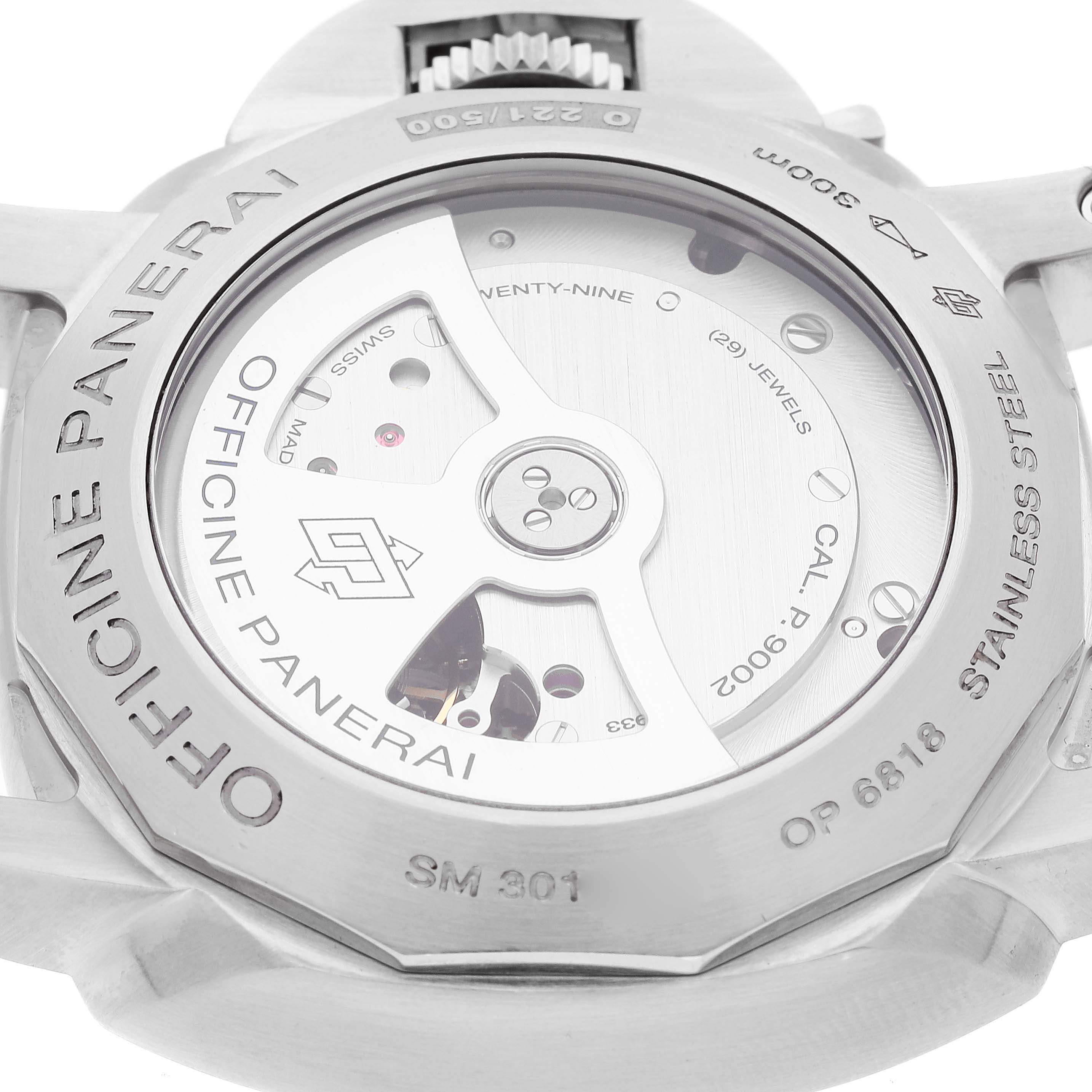 The image shows the back view of a Panerai Luminor PAM00347 Men
s Stainless Steel Black Dial PAM00347 Men
s Stainless Steel Black Dial watch, displaying its movement and case details.