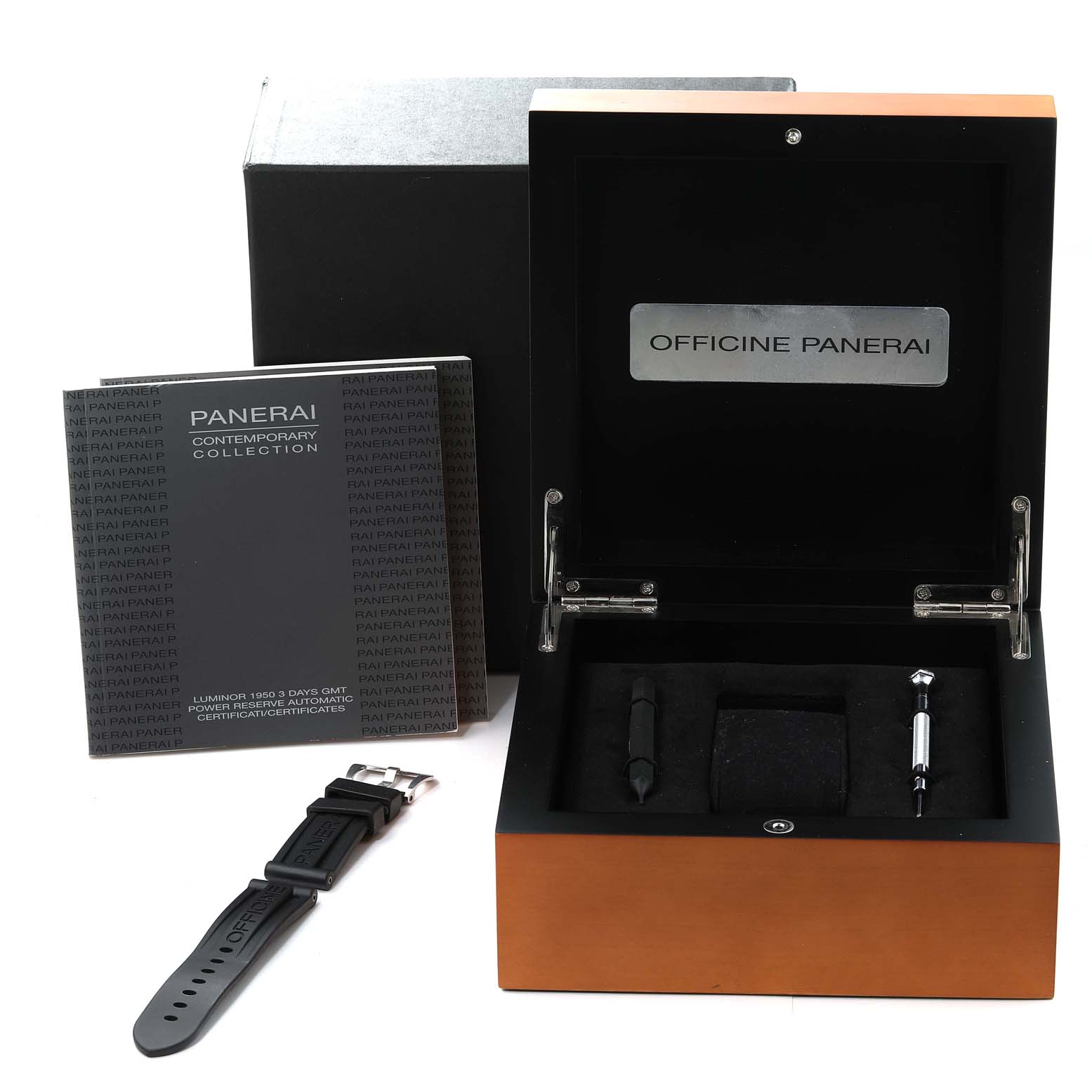 This image shows a Panerai Luminor PAM00347 Men
s Stainless Steel Black Dial PAM00347 Men
s Stainless Steel Black Dial watch box with instruction manual, additional strap, tools, and packaging accessories.