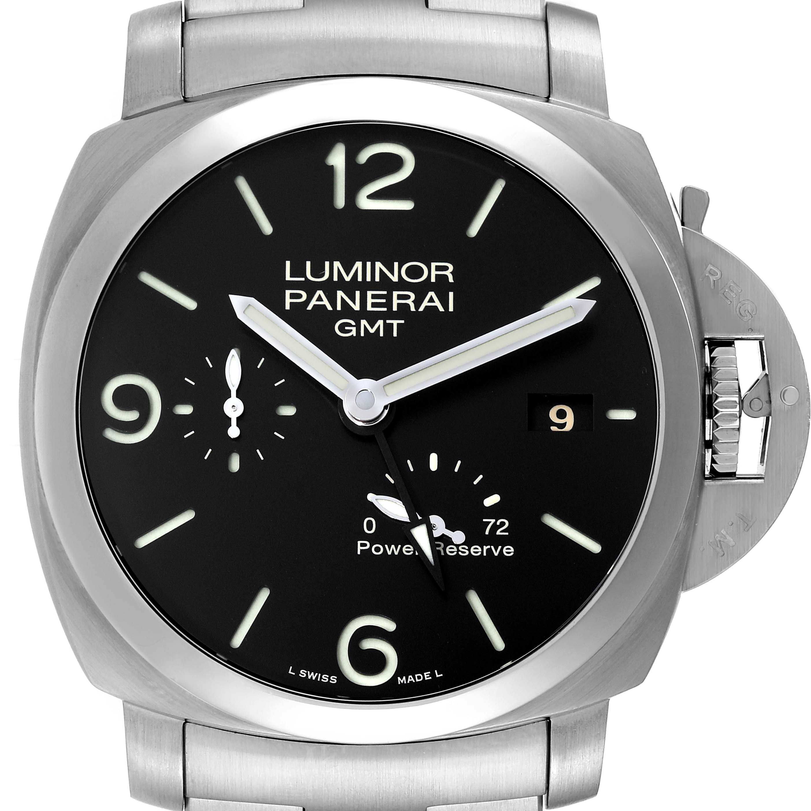 This image shows a Panerai Luminor PAM00347 Men
s Stainless Steel Black Dial PAM00347 Men
s Stainless Steel Black Dial watch from a front angle, displaying the dial, hands, crown, and part of the bracelet.