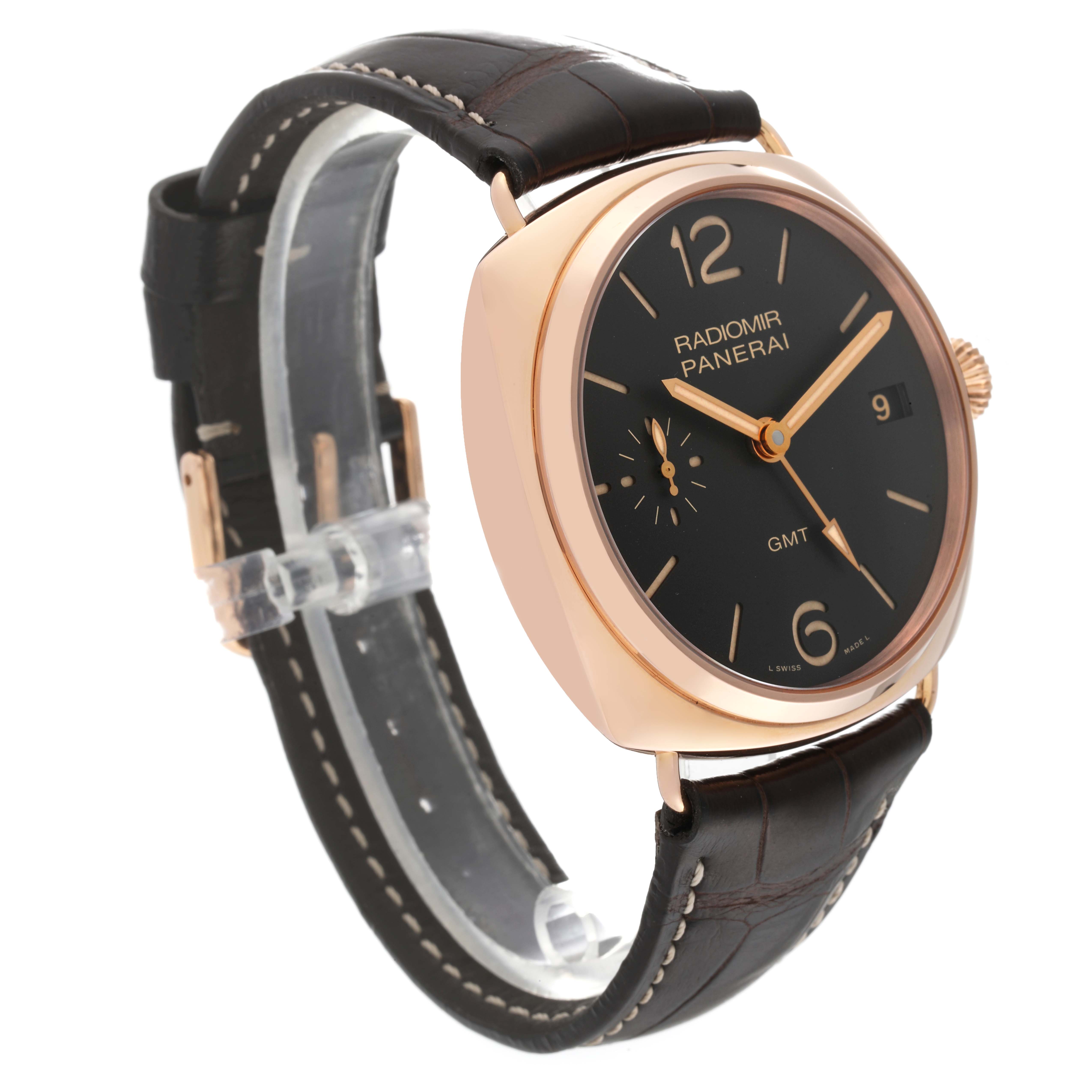 This image shows a Panerai Radiomir PAM00570 Men's Rose Gold Brown Dial PAM00570 Men's Rose Gold Brown Dial watch at a slight angle, highlighting its face, case, band, and crown.
