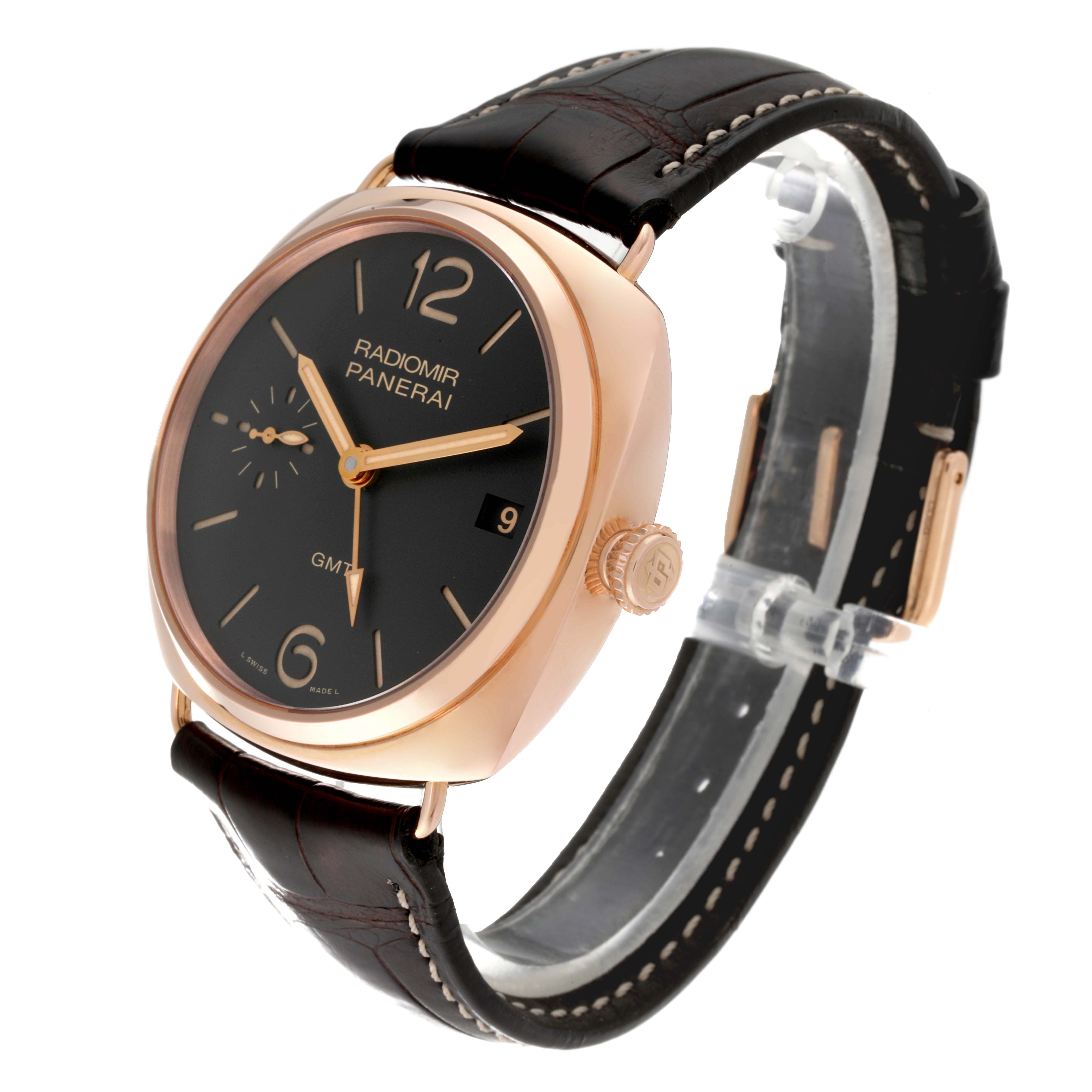 The image shows a Panerai Radiomir PAM00570 Men's Rose Gold Brown Dial PAM00570 Men's Rose Gold Brown Dial watch at a three-quarter angle highlighting the face, crown, and leather strap.