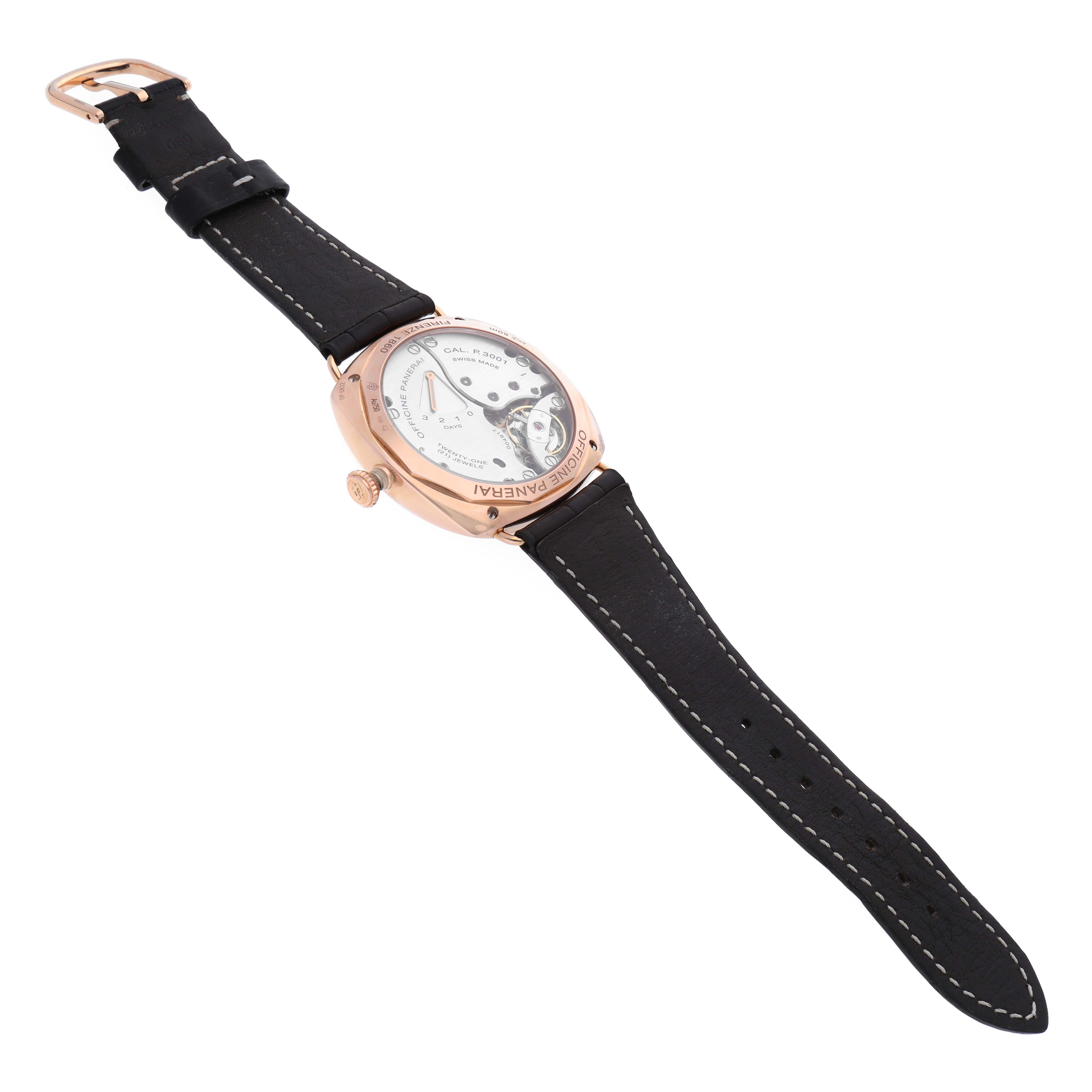 The image shows the back view of a Panerai Radiomir PAM00570 Men's Rose Gold Brown Dial PAM00570 Men's Rose Gold Brown Dial watch with a black leather strap and visible internal mechanisms.