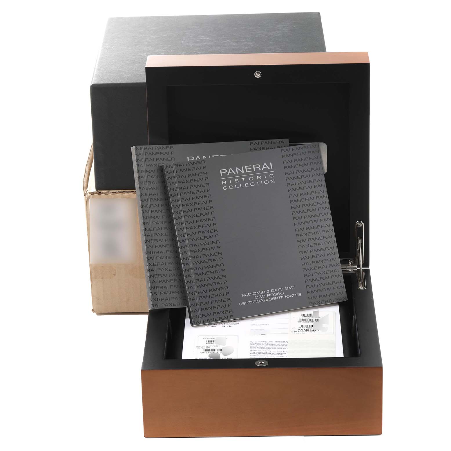 The image shows the open box and documentation for a Panerai Radiomir PAM00570 Men's Rose Gold Brown Dial PAM00570 Men's Rose Gold Brown Dial watch, viewed from the front.