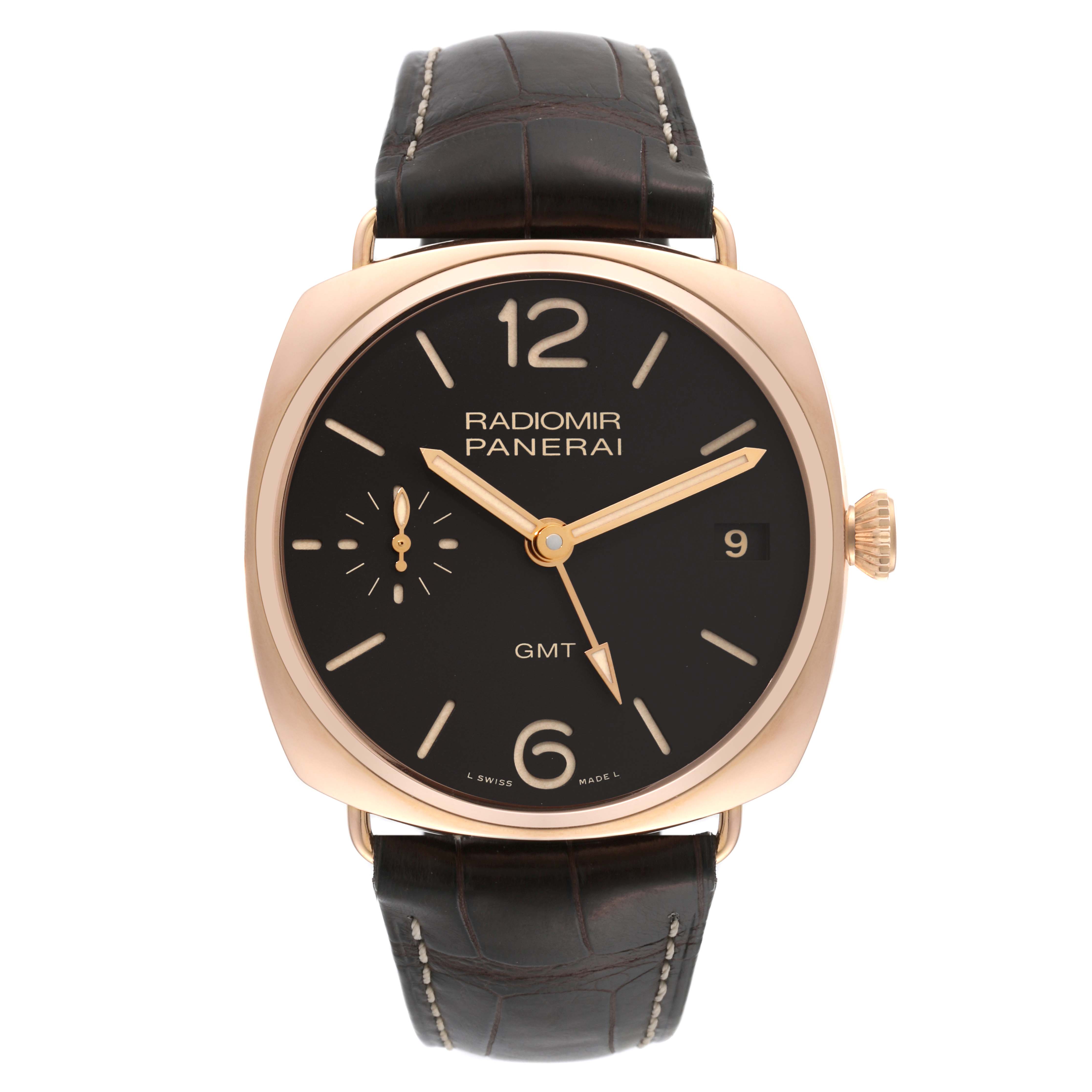 The image shows a front view of a Panerai Radiomir PAM00570 Men's Rose Gold Brown Dial PAM00570 Men's Rose Gold Brown Dial model watch, displaying its dial, strap, and crown.