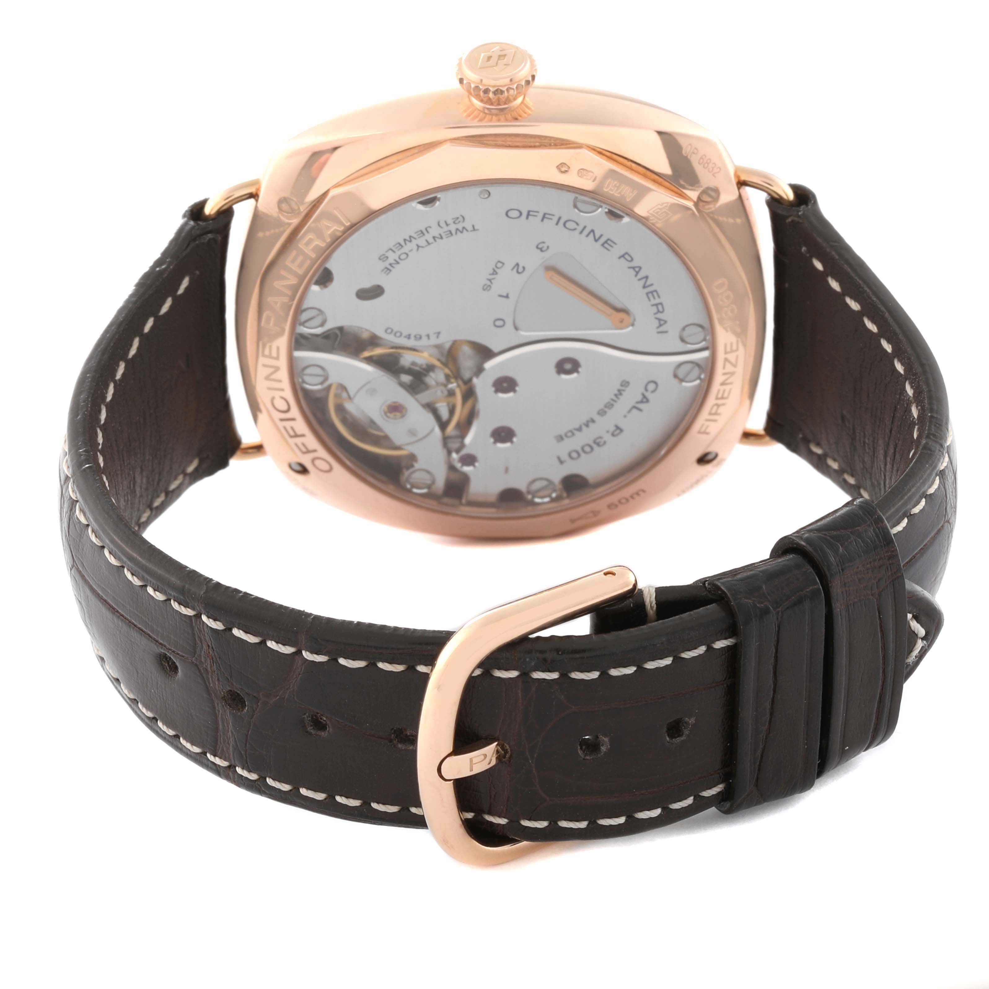 The image shows the back view of a Panerai Radiomir PAM00570 Men's Rose Gold Brown Dial PAM00570 Men's Rose Gold Brown Dial watch, highlighting its mechanical movement and leather strap.