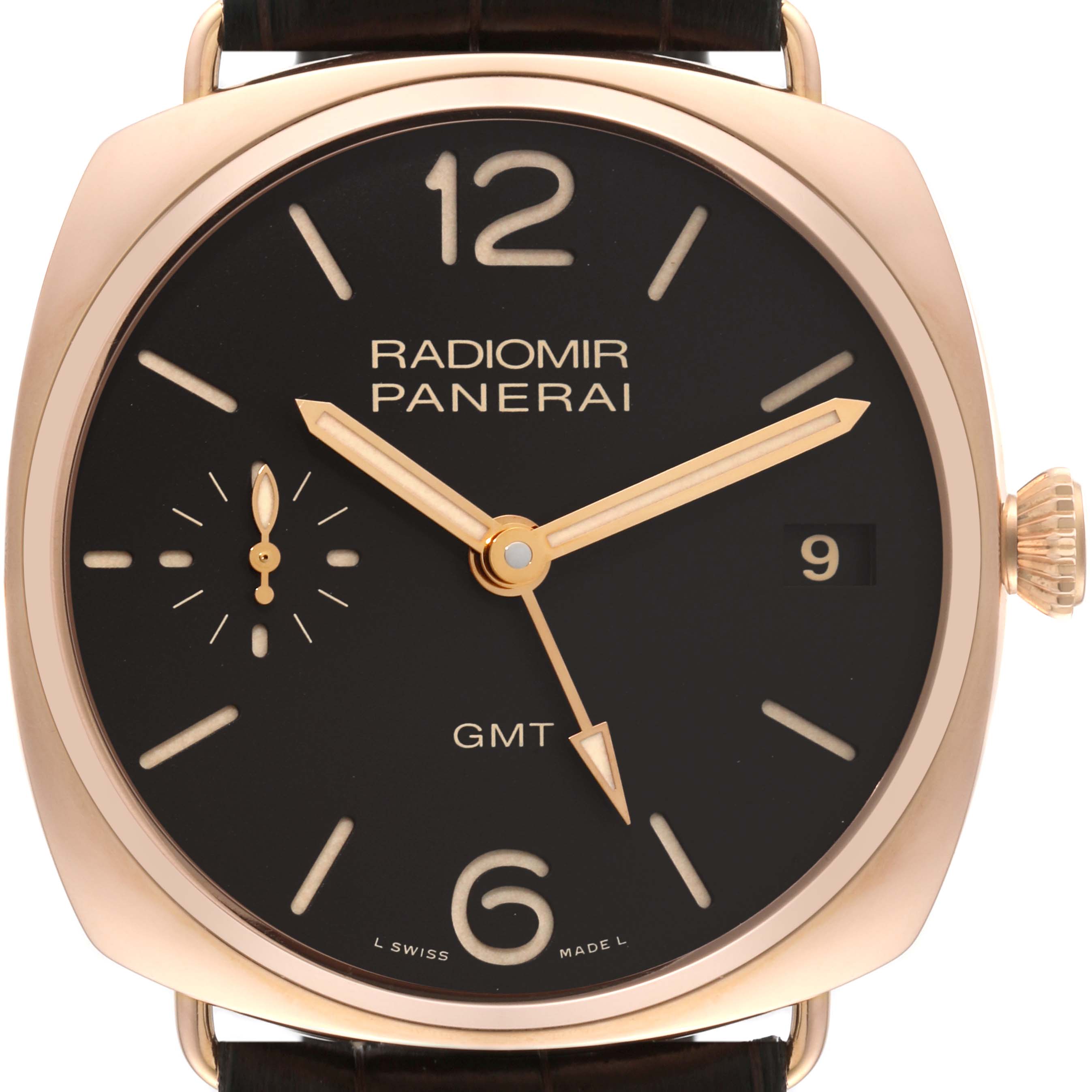 This image shows the face of the Radiomir Panerai watch, including the dial, hands, case, crown, and the numbering system.