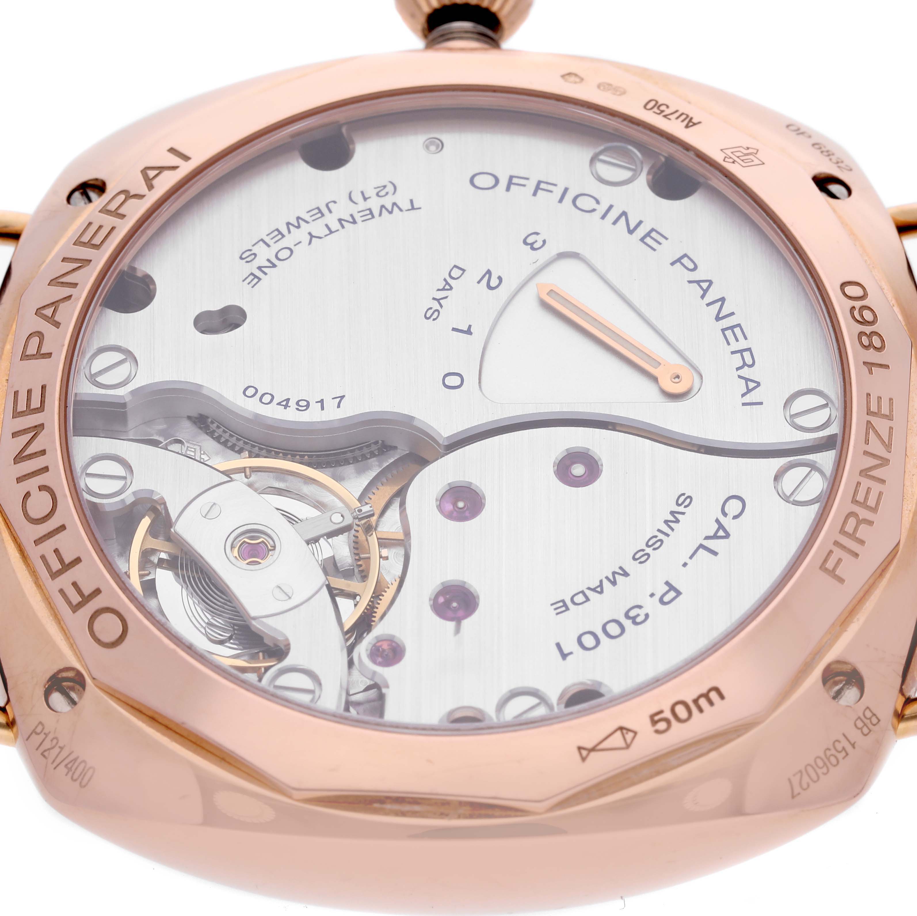 The image shows the case back, showcasing the inner mechanical movement of a Panerai Radiomir PAM00570 Men's Rose Gold Brown Dial PAM00570 Men's Rose Gold Brown Dial watch.