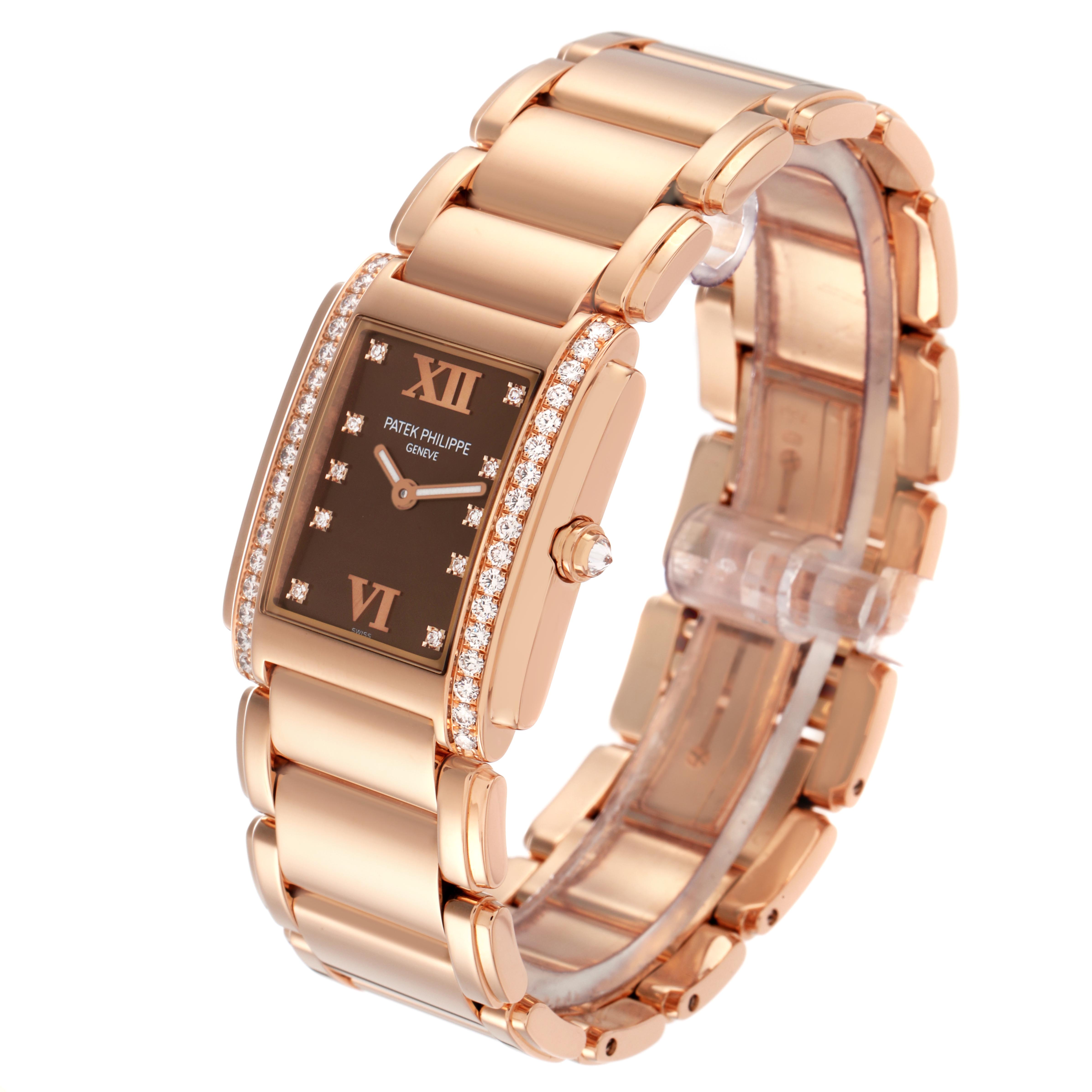 The Patek Philippe Twenty-4 4910R Women's Rose Gold Brown Dial 4910R Women's Rose Gold Brown Dial watch is shown at a three-quarter angle, highlighting its diamond-set bezel, bracelet, and crown.