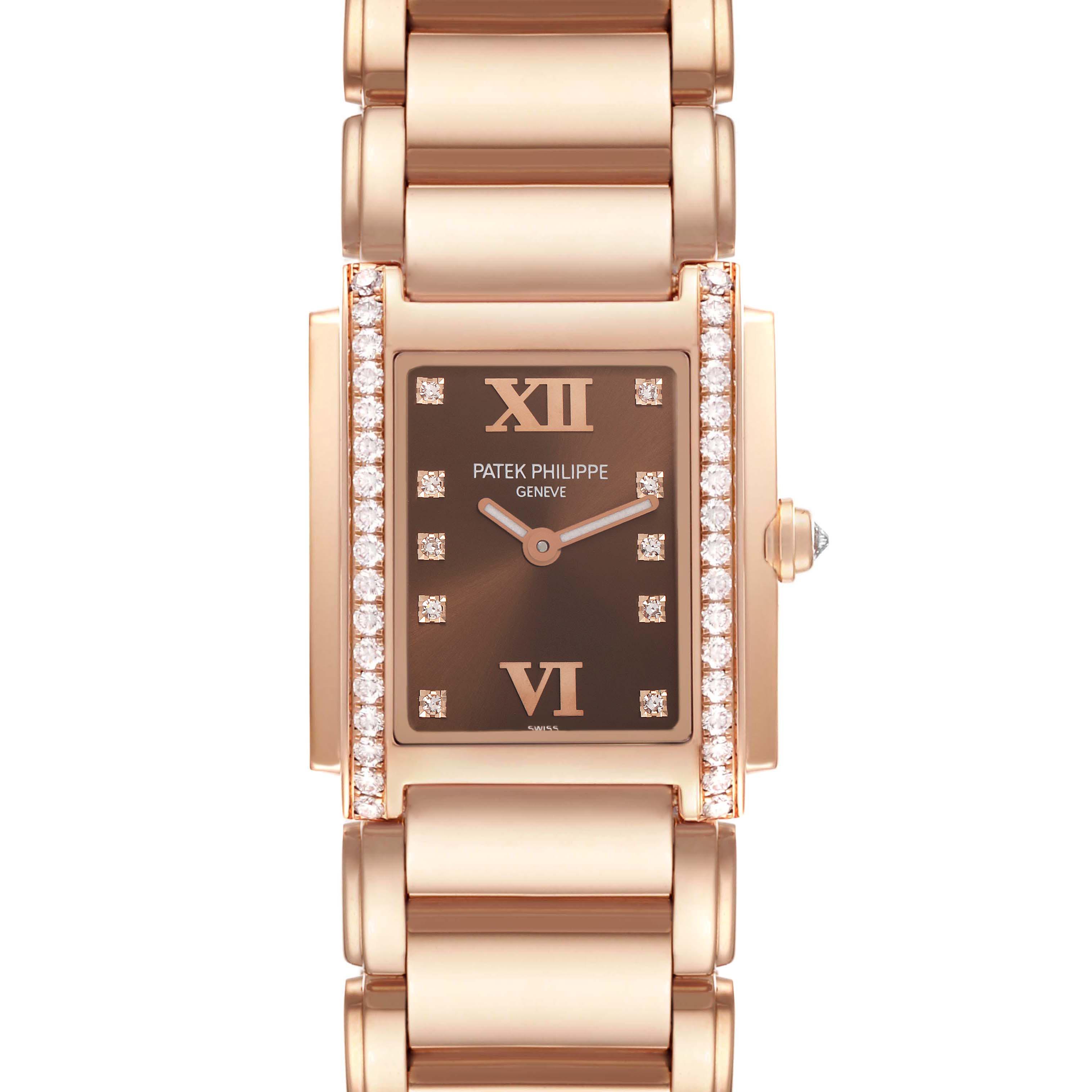 The Patek Philippe Twenty-4 4910R Women's Rose Gold Brown Dial 4910R Women's Rose Gold Brown Dial watch is shown from a front view, highlighting the dial, diamond accents, and bracelet.