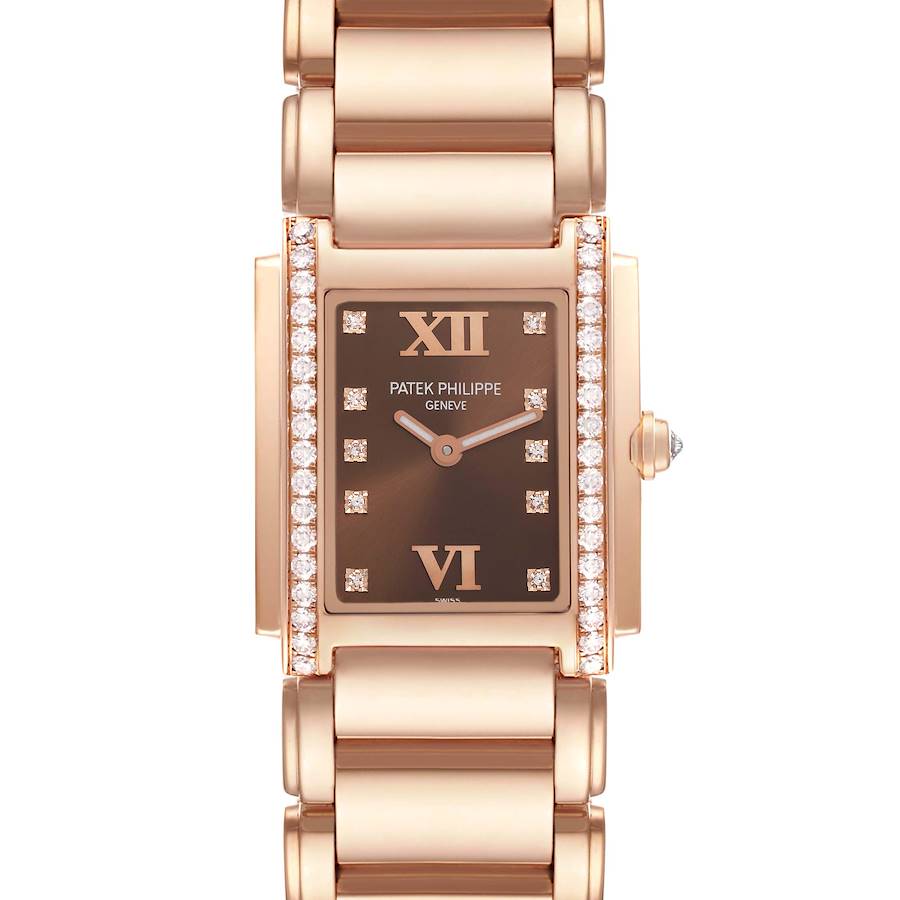 The Patek Philippe Twenty-4 watch is shown from a front view, highlighting the dial, diamond accents, and bracelet.