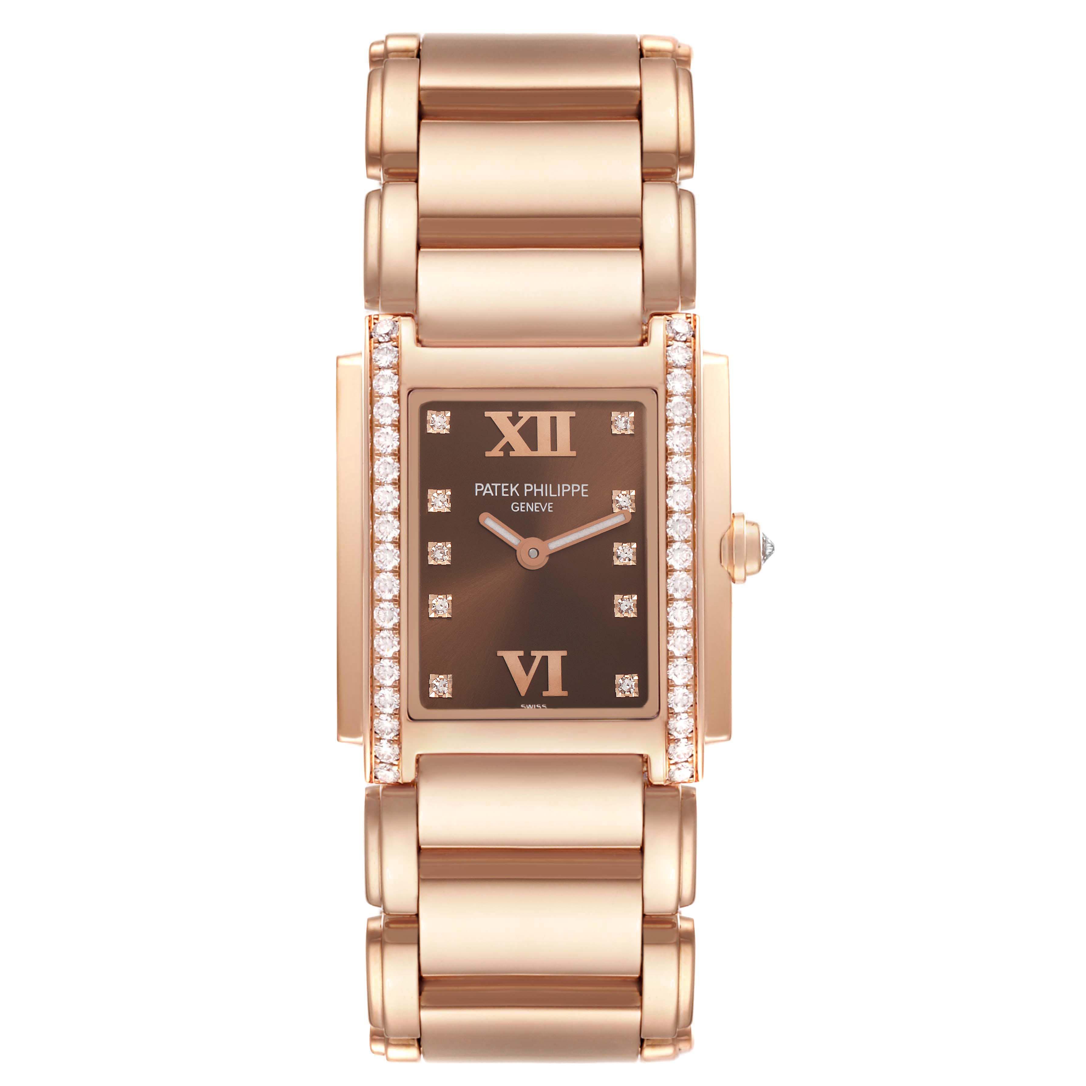 The Patek Philippe Twenty-4 4910R Women's Rose Gold Brown Dial 4910R Women's Rose Gold Brown Dial watch is shown from a top-down angle, highlighting its rectangular face and bracelet.