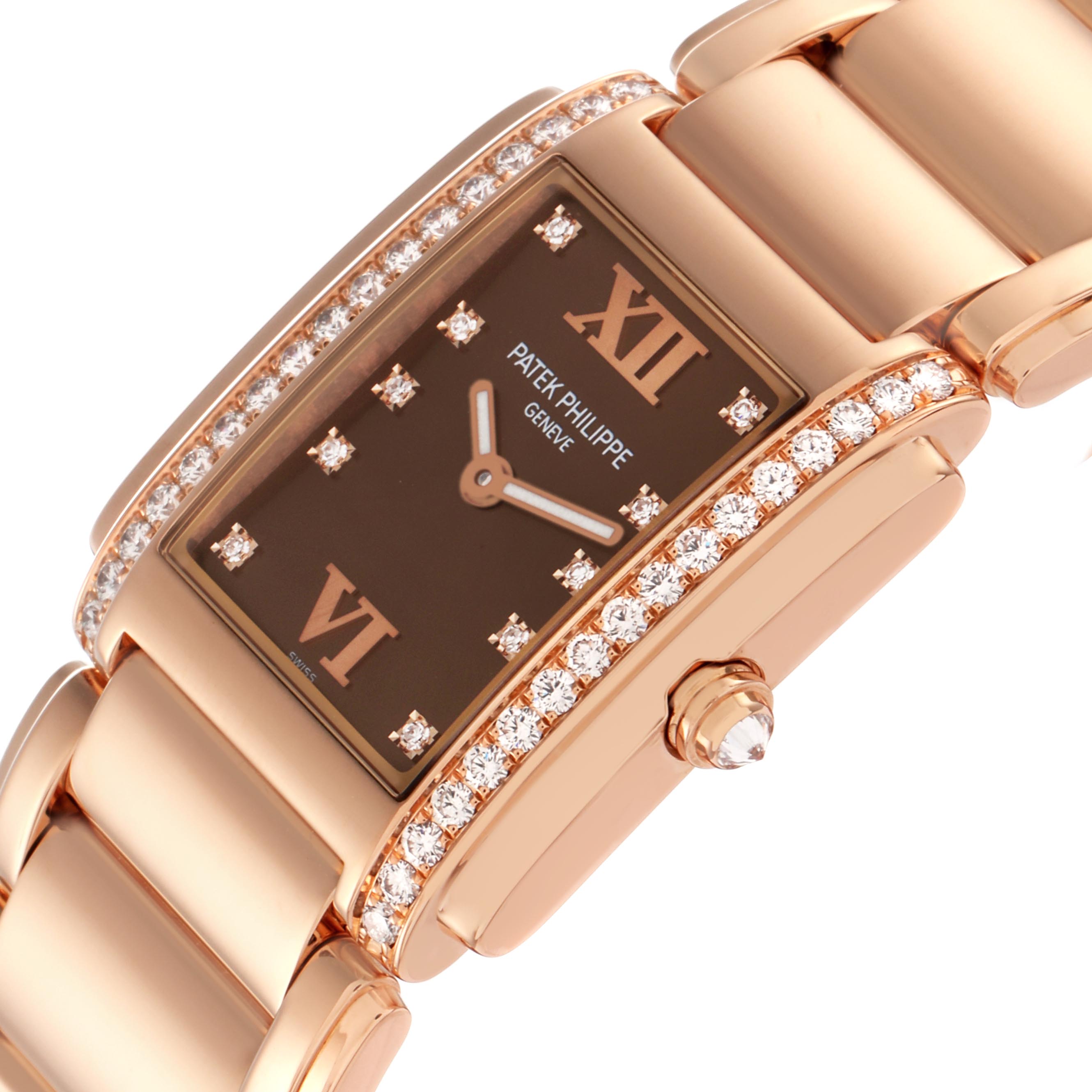 The Patek Philippe Twenty-4 4910R Women's Rose Gold Brown Dial 4910R Women's Rose Gold Brown Dial watch is shown in a close-up angle, highlighting its diamond-set bezel and brown dial.