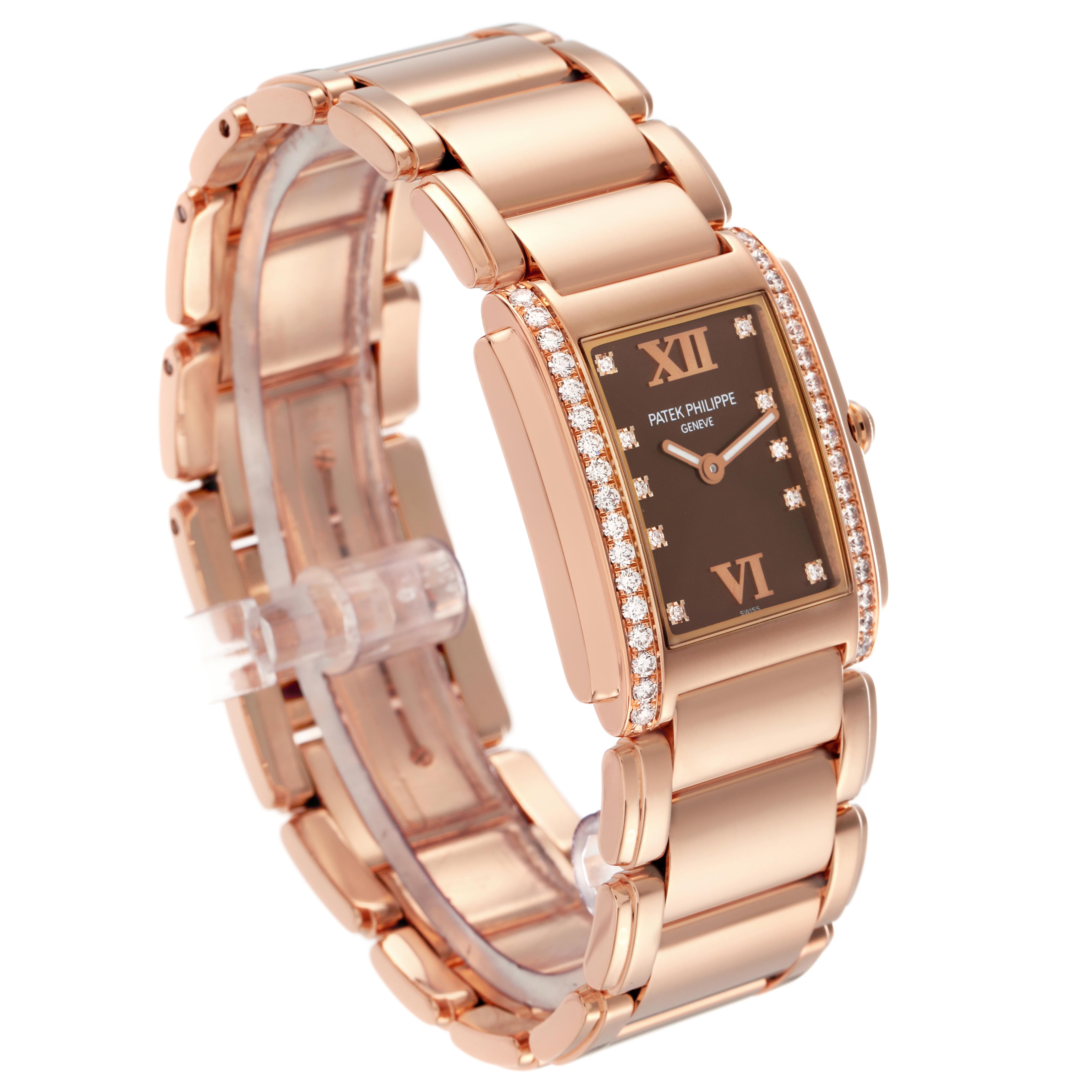 The Patek Philippe Twenty-4 4910R Women's Rose Gold Brown Dial 4910R Women's Rose Gold Brown Dial watch is shown at an angled view, highlighting its dial, bezel, case, and bracelet.