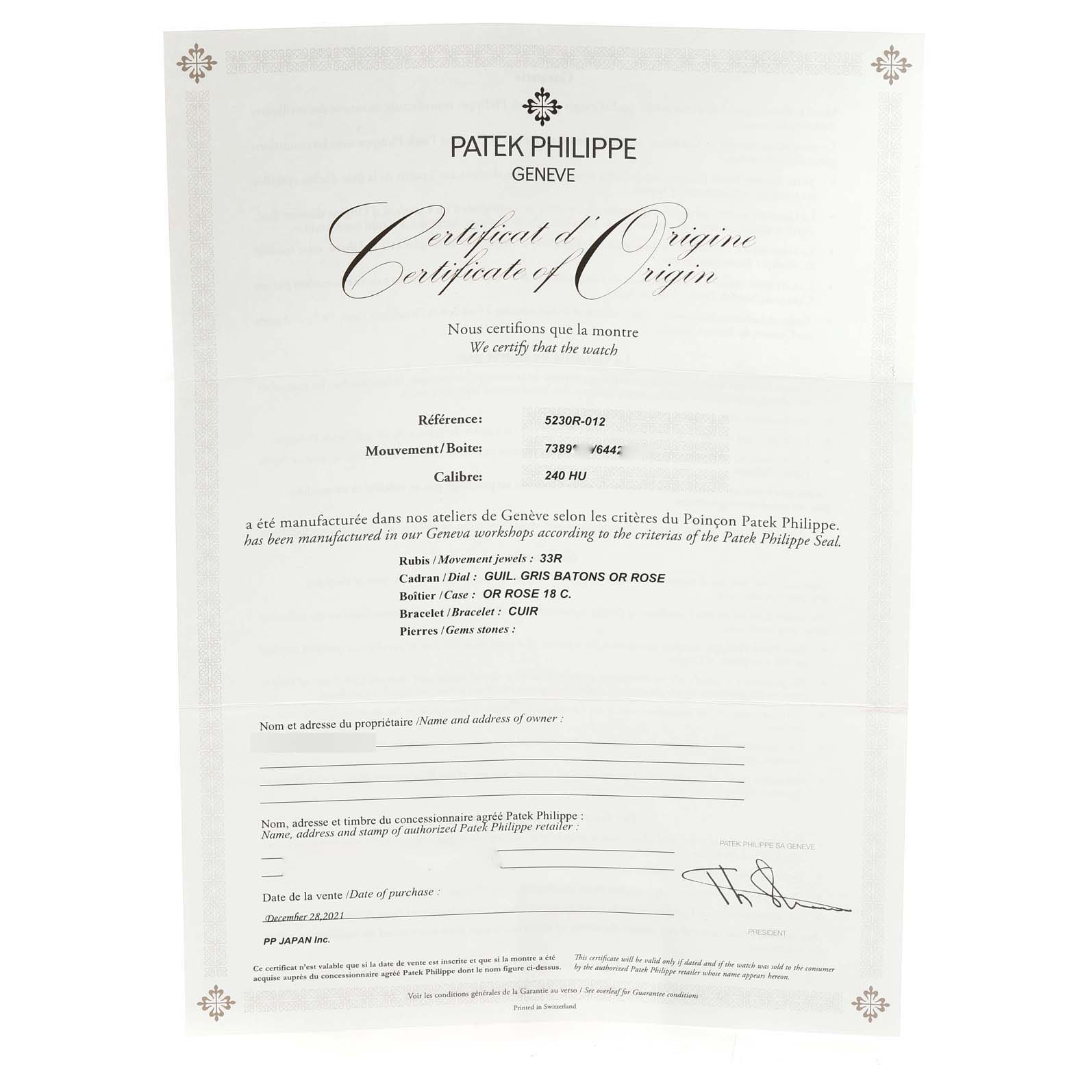 The image shows the Certificate of Origin for a Patek Philippe Complications 5230R Men's Rose Gold Grey Dial 5230R Men's Rose Gold Grey Dial model watch, reference 5230R-012.