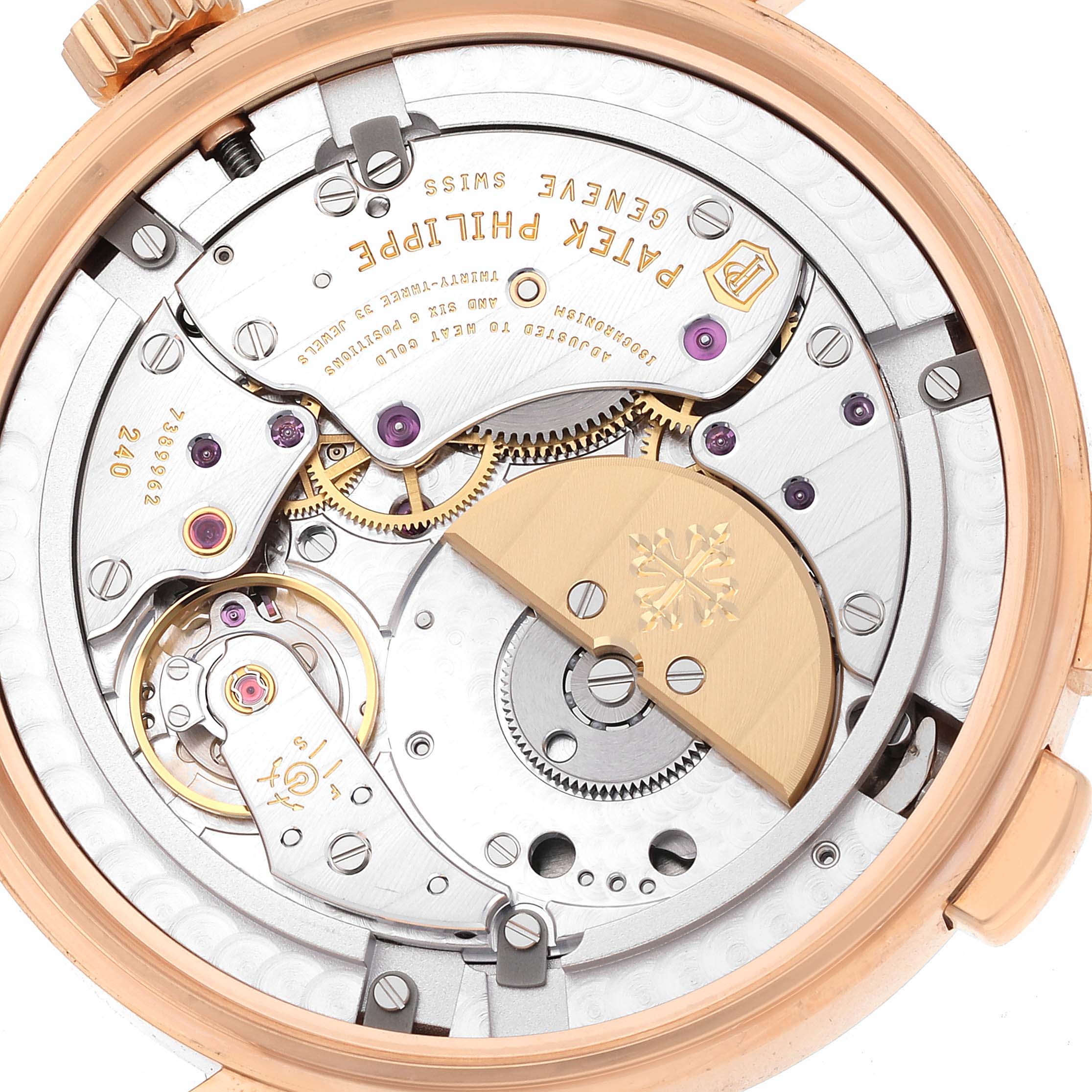 This is the back view of a Patek Philippe Complications 5230R Men's Rose Gold Grey Dial 5230R Men's Rose Gold Grey Dial model, showing the inner mechanical movement and components.