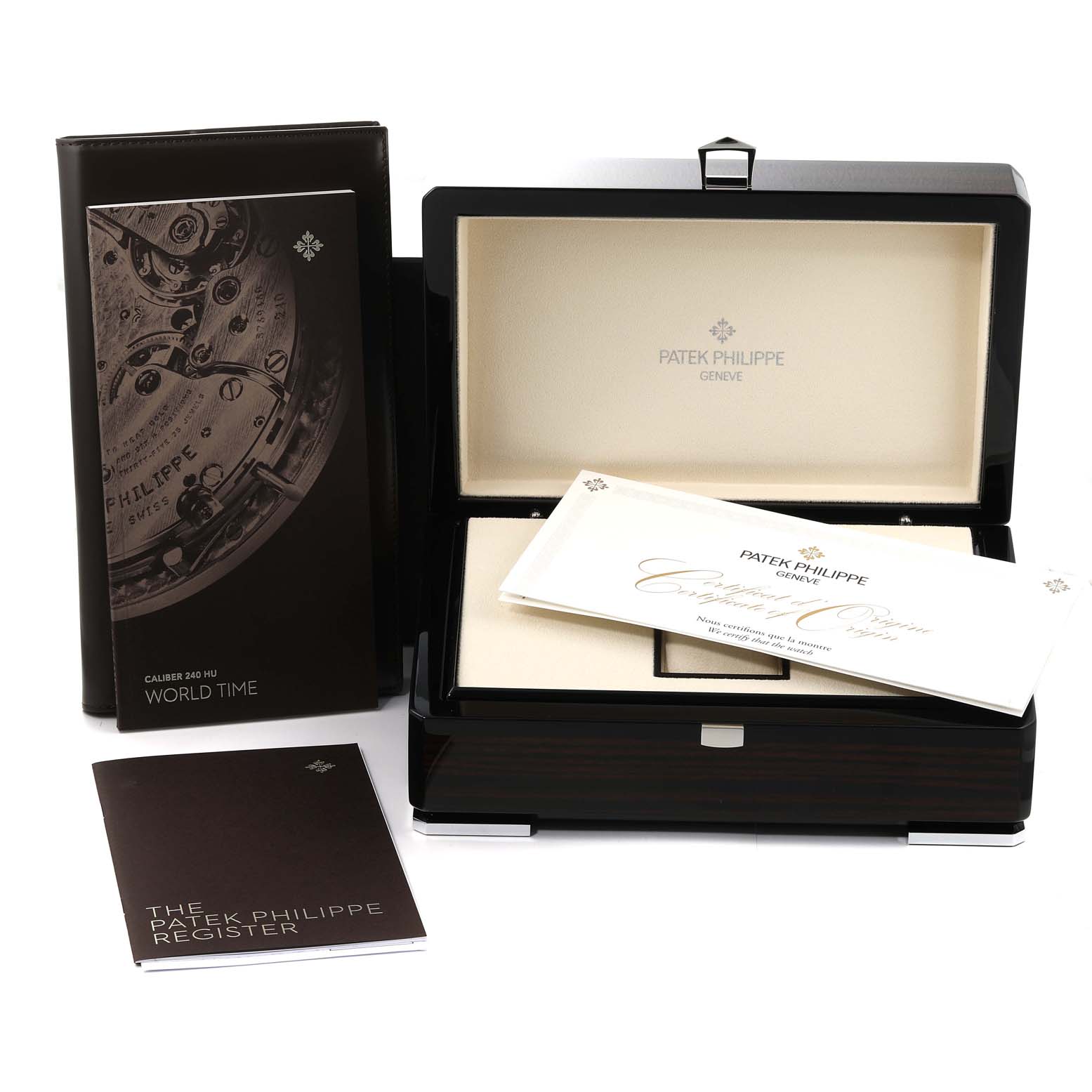 The image shows the open box, certificates, and manuals for a Patek Philippe Complications 5230R Men's Rose Gold Grey Dial 5230R Men's Rose Gold Grey Dial model watch.