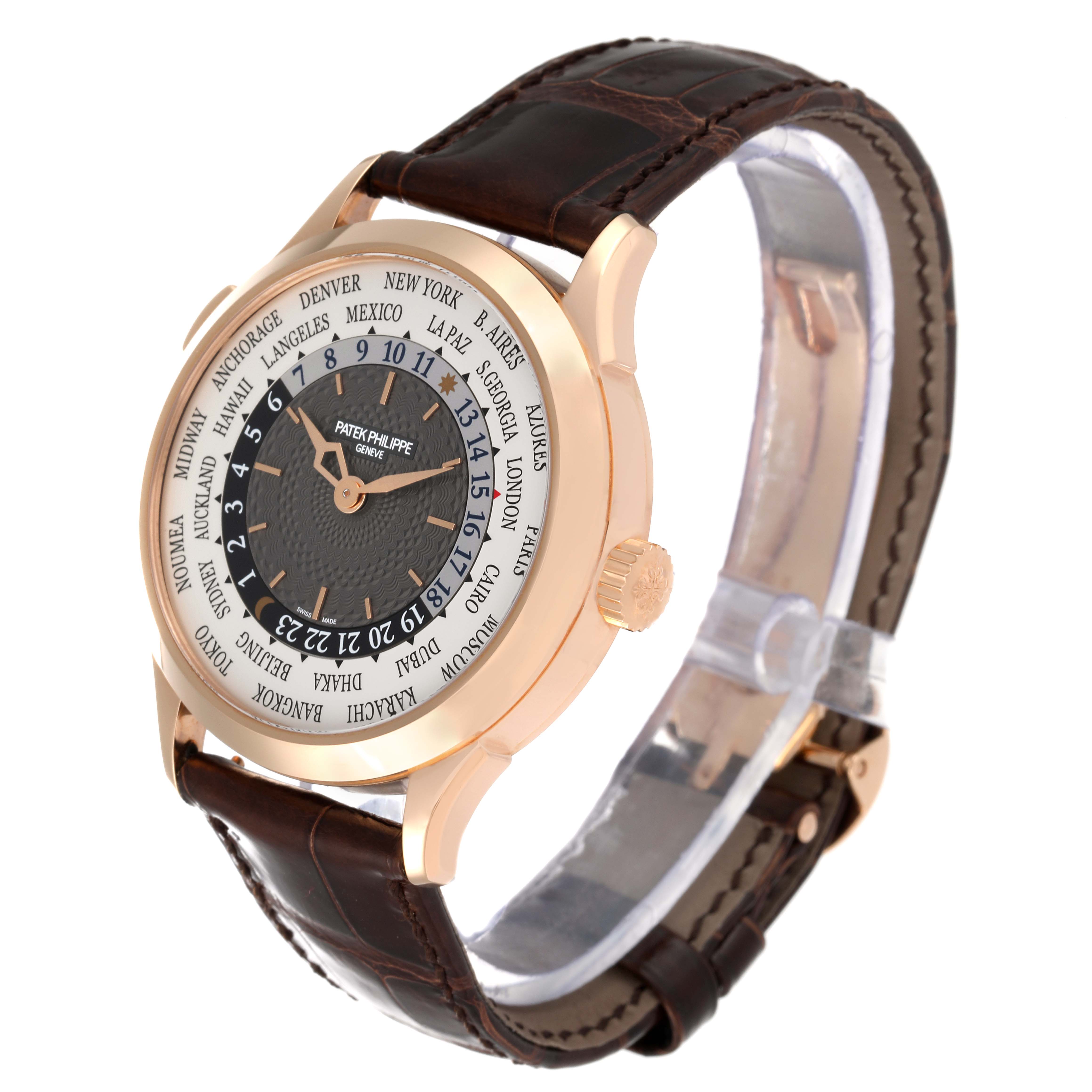 The image shows a side angle of the Patek Philippe Complications 5230R Men's Rose Gold Grey Dial 5230R Men's Rose Gold Grey Dial watch, displaying its face, crown, and leather strap.