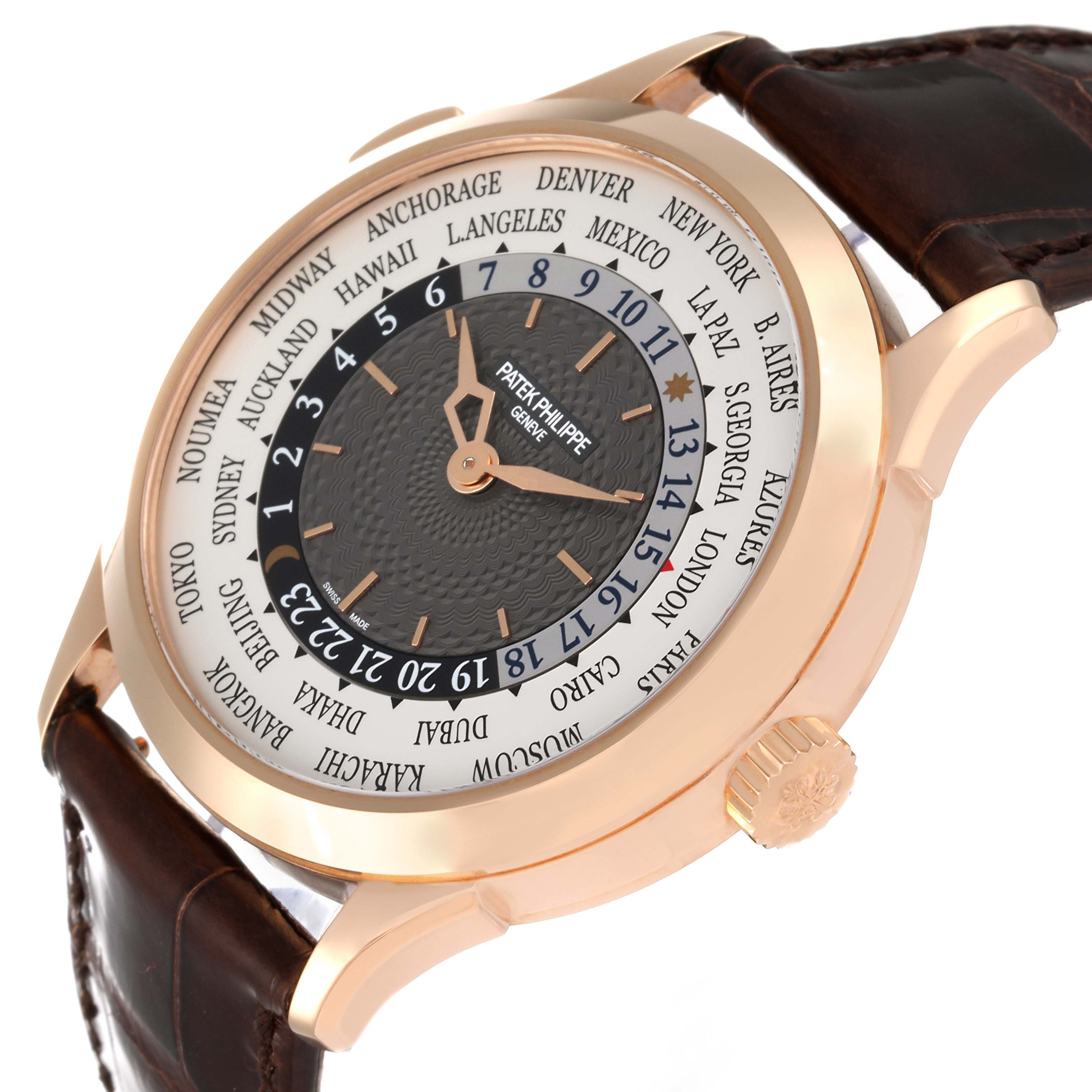 The image shows a Patek Philippe Complications 5230R Men's Rose Gold Grey Dial 5230R Men's Rose Gold Grey Dial watch at a 45-degree angle, highlighting its dial, face, and leather strap.