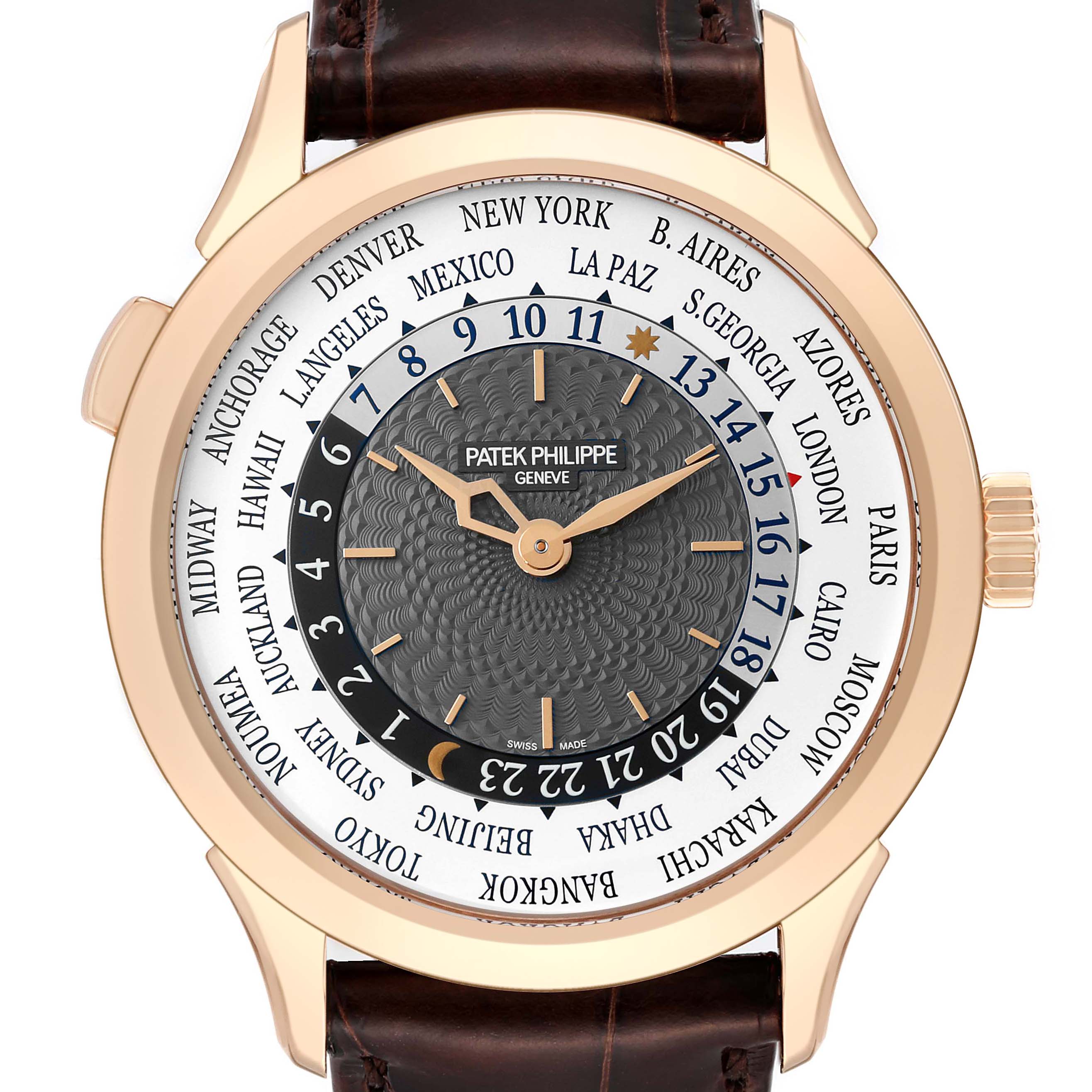 The image shows the dial and bezel of the Patek Philippe Complications 5230R Men's Rose Gold Grey Dial 5230R Men's Rose Gold Grey Dial watch from a top-down angle.