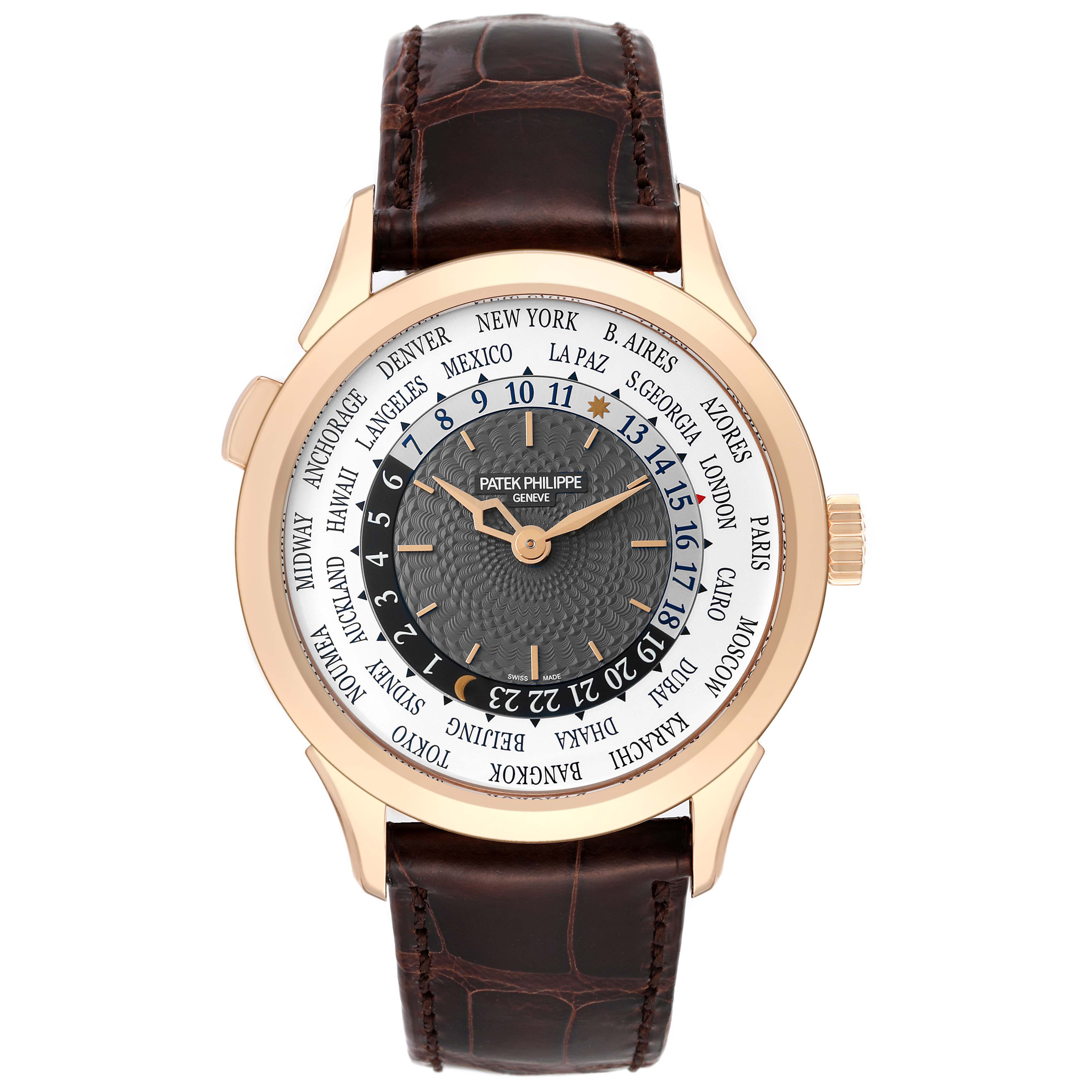 The image shows a front view of the Patek Philippe Complications 5230R Men's Rose Gold Grey Dial 5230R Men's Rose Gold Grey Dial model watch, highlighting its dial and leather strap.