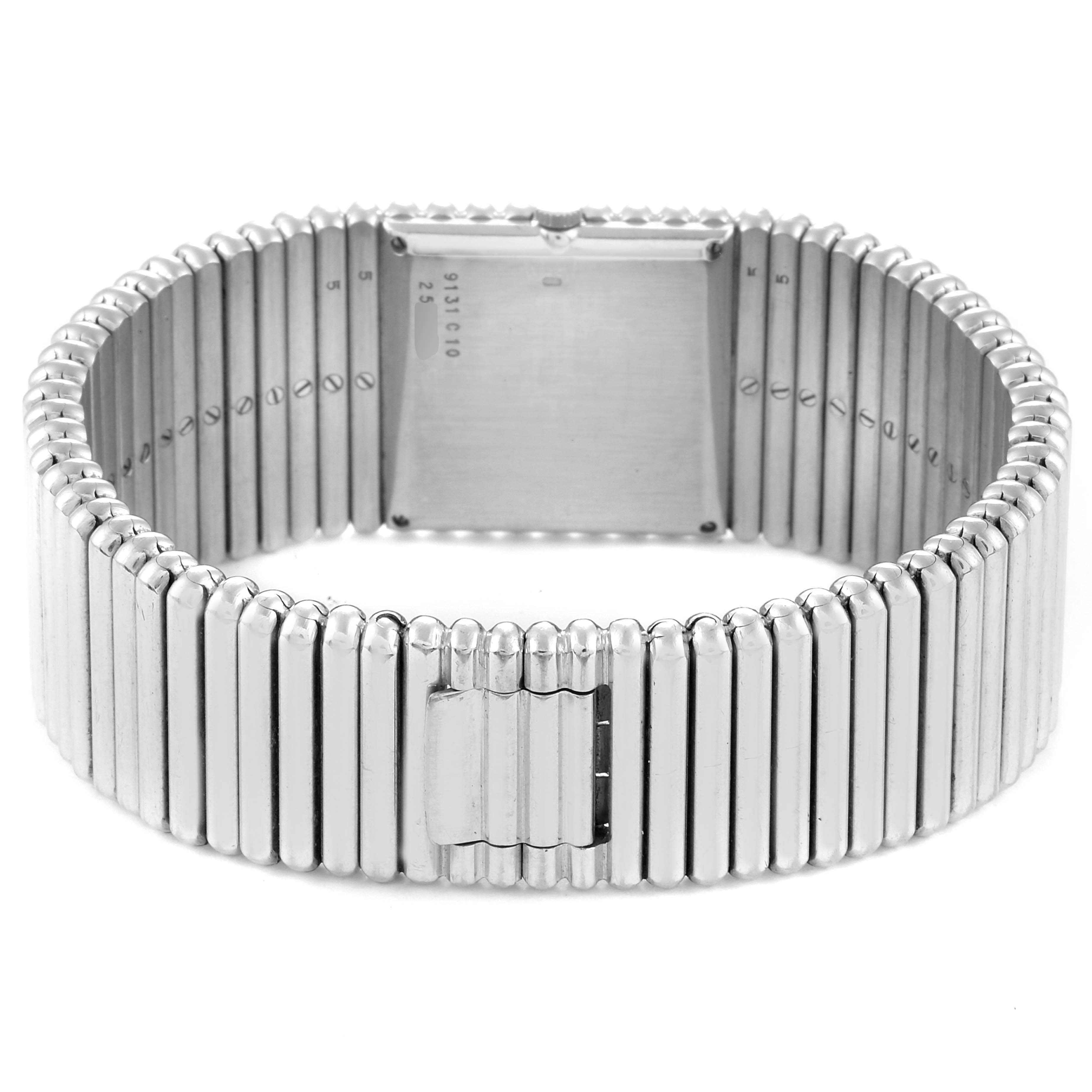 This image shows the back view of the Piaget 9131 C 10 Men
s White Gold Black Dial 9131 C 10 Men
s White Gold Black Dial Polo 18K White Gold Black Dial Men
s Watch 9131 model, displaying the bracelet and clasp.