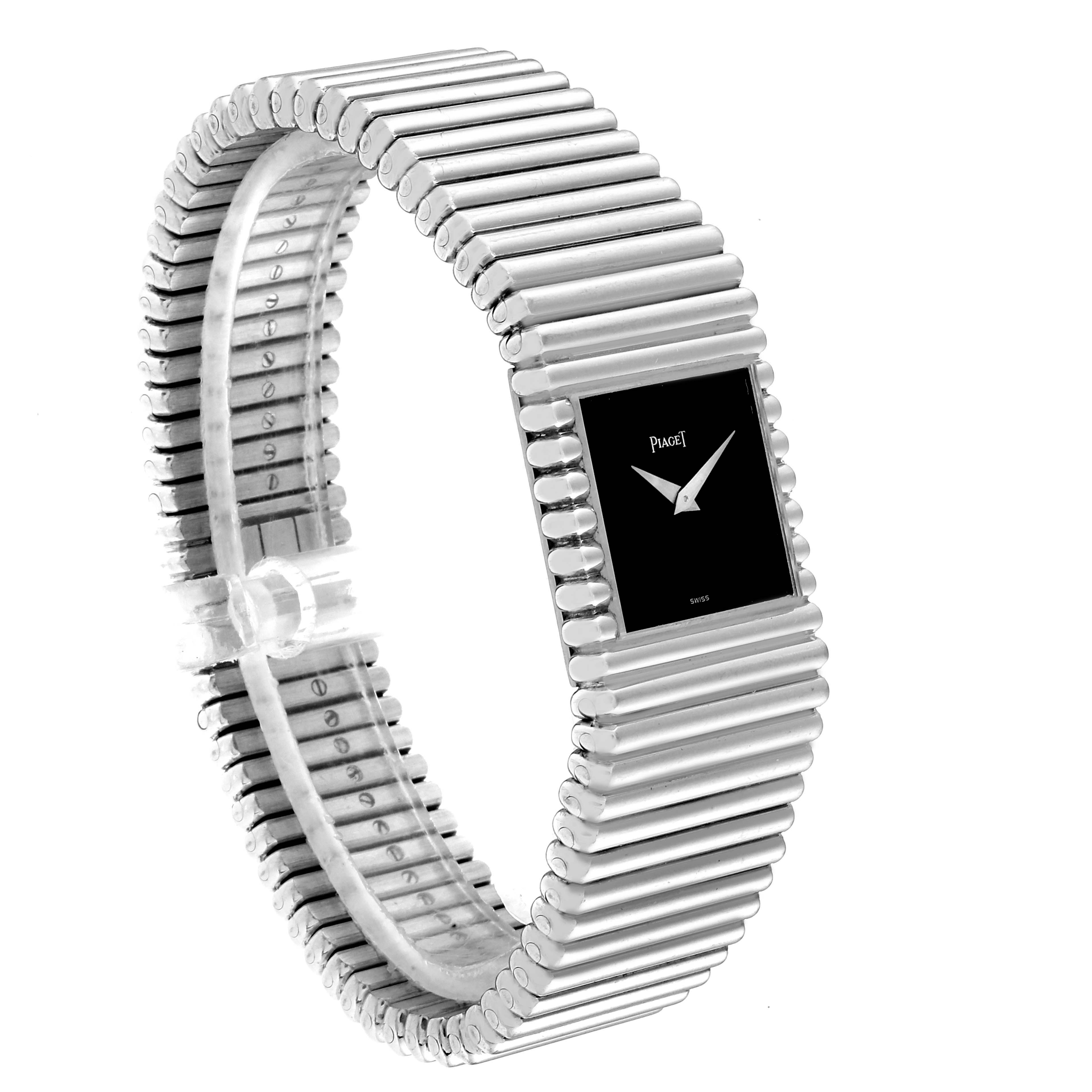 The image shows a side angle of the Piaget 9131 C 10 Men
s White Gold Black Dial 9131 C 10 Men
s White Gold Black Dial Polo 18K White Gold Black Dial Men
s Watch 9131, displaying the band and watch face.