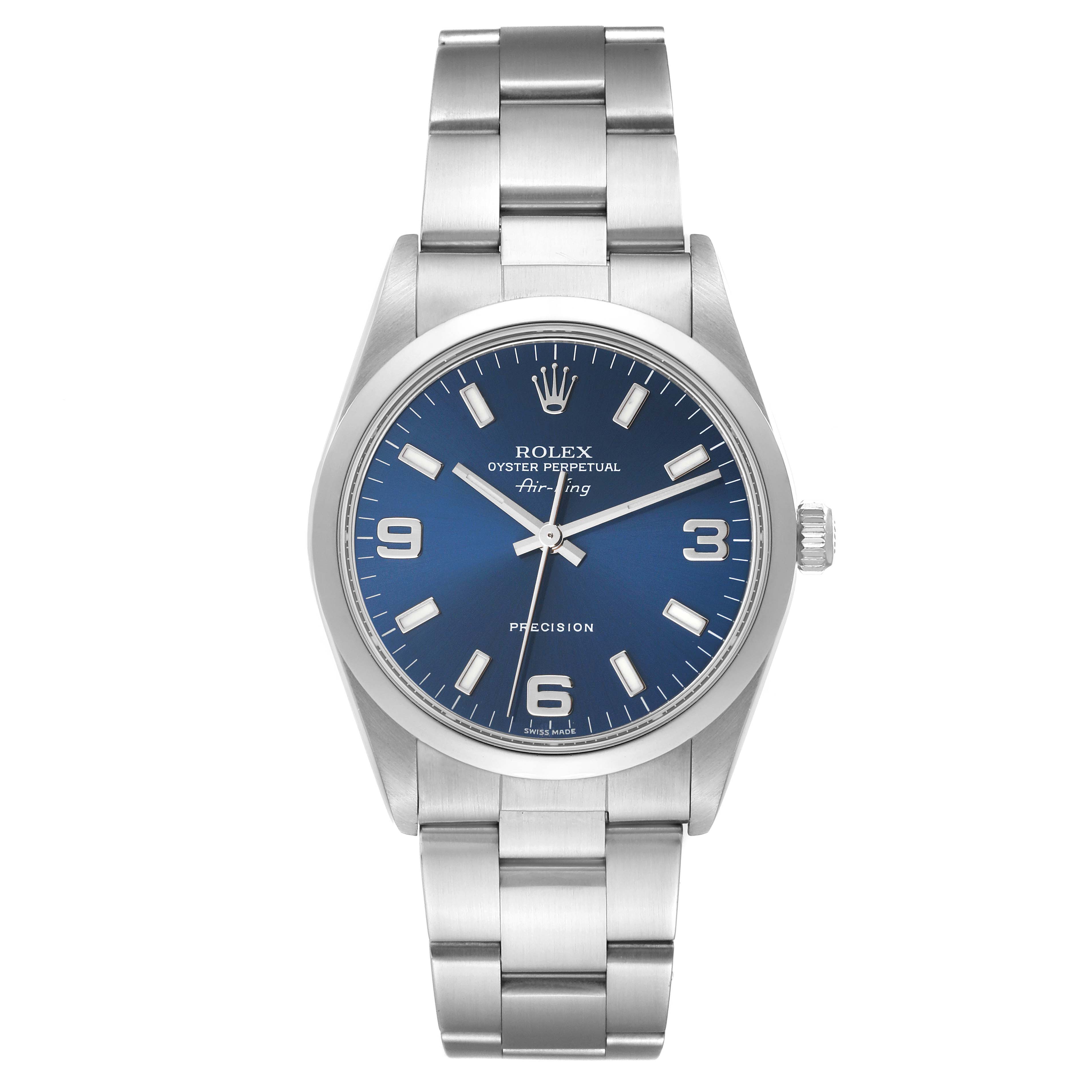 The image shows a front view of a Rolex Air-King 14000 Men's Stainless Steel Blue Dial 14000 Men's Stainless Steel Blue Dial watch, highlighting its blue dial, silver hour markers, and stainless steel bracelet.