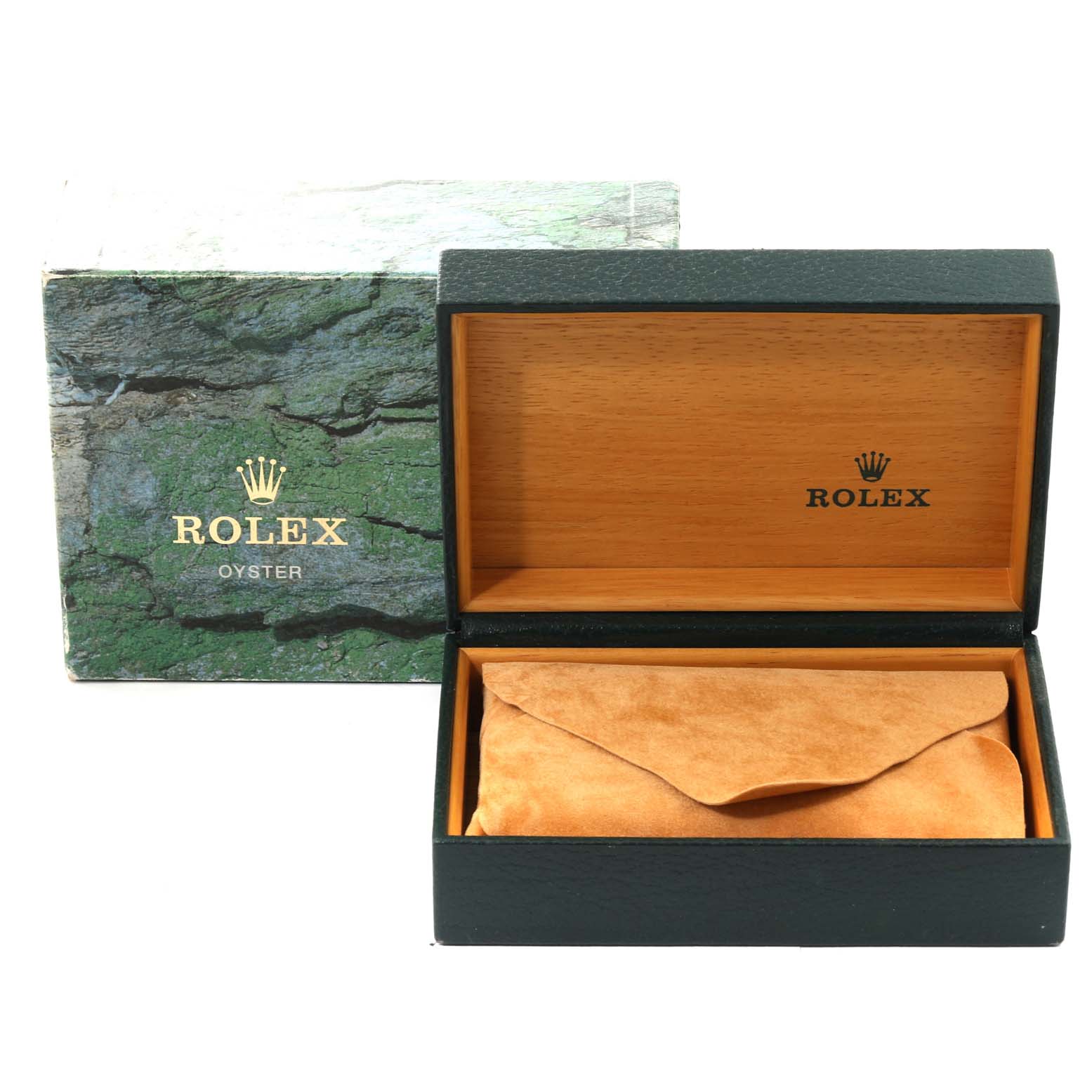 The image shows an open Rolex Air-King 14000 Men's Stainless Steel Blue Dial 14000 Men's Stainless Steel Blue Dial watch box with a protective pouch, and the outer green Rolex box in the background.