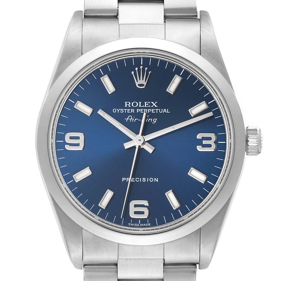 Front view of the Rolex Air-King watch showcasing its blue dial, crown, and stainless steel bracelet.