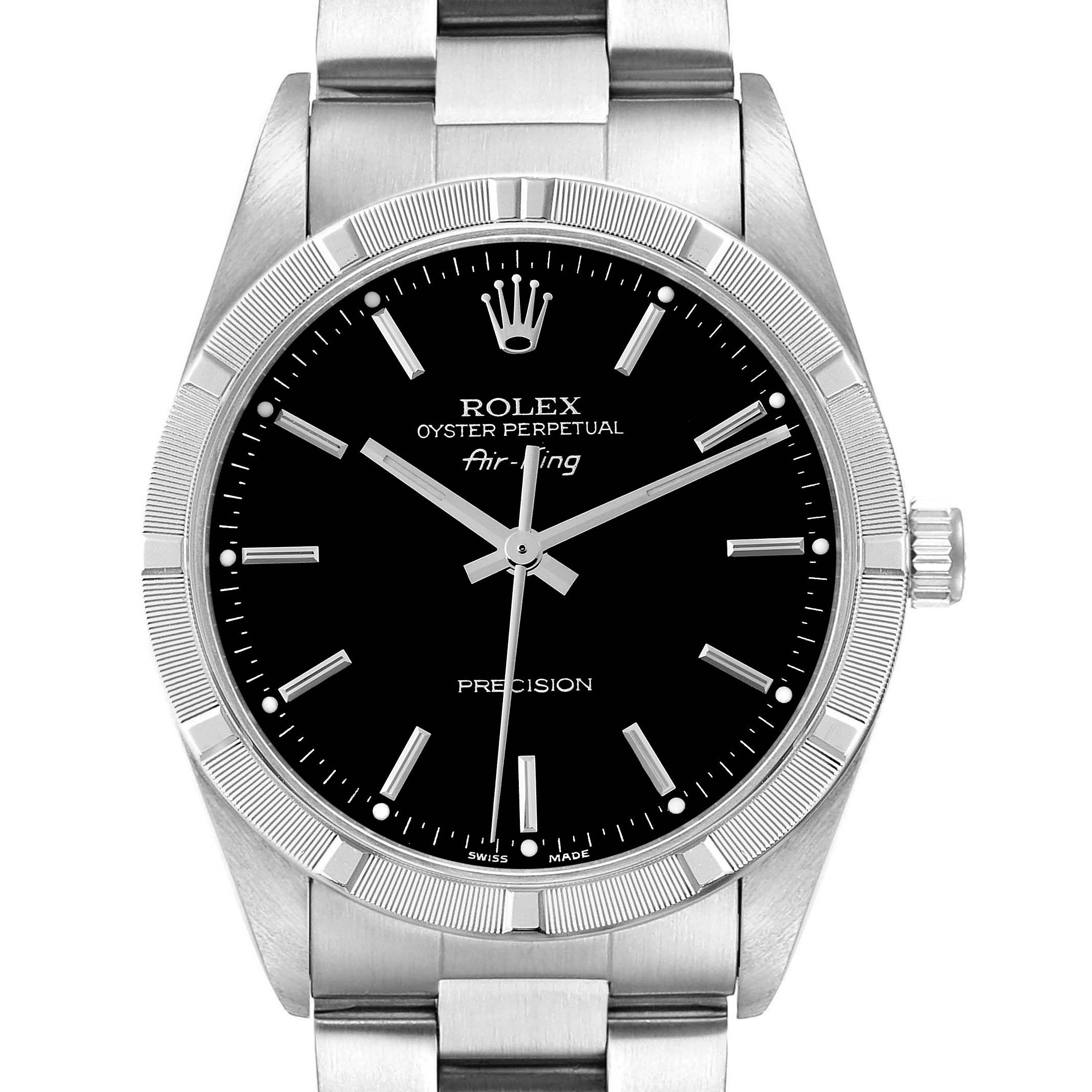 This image shows the Rolex Air-King 14010 Men's Stainless Steel Black Dial 14010 Men's Stainless Steel Black Dial watch from the front, highlighting its face, bezel, case, and part of the bracelet.