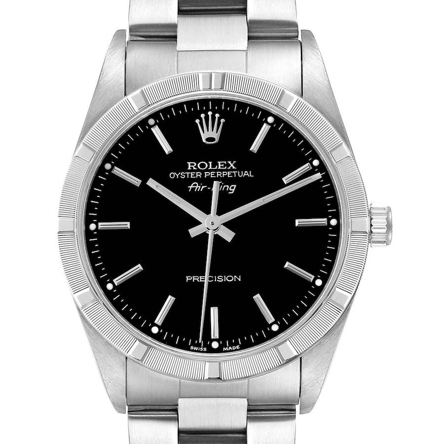 Rolex Air King Engine Turned Bezel Black Dial Steel Mens Watch 14010 SwissWatchExpo