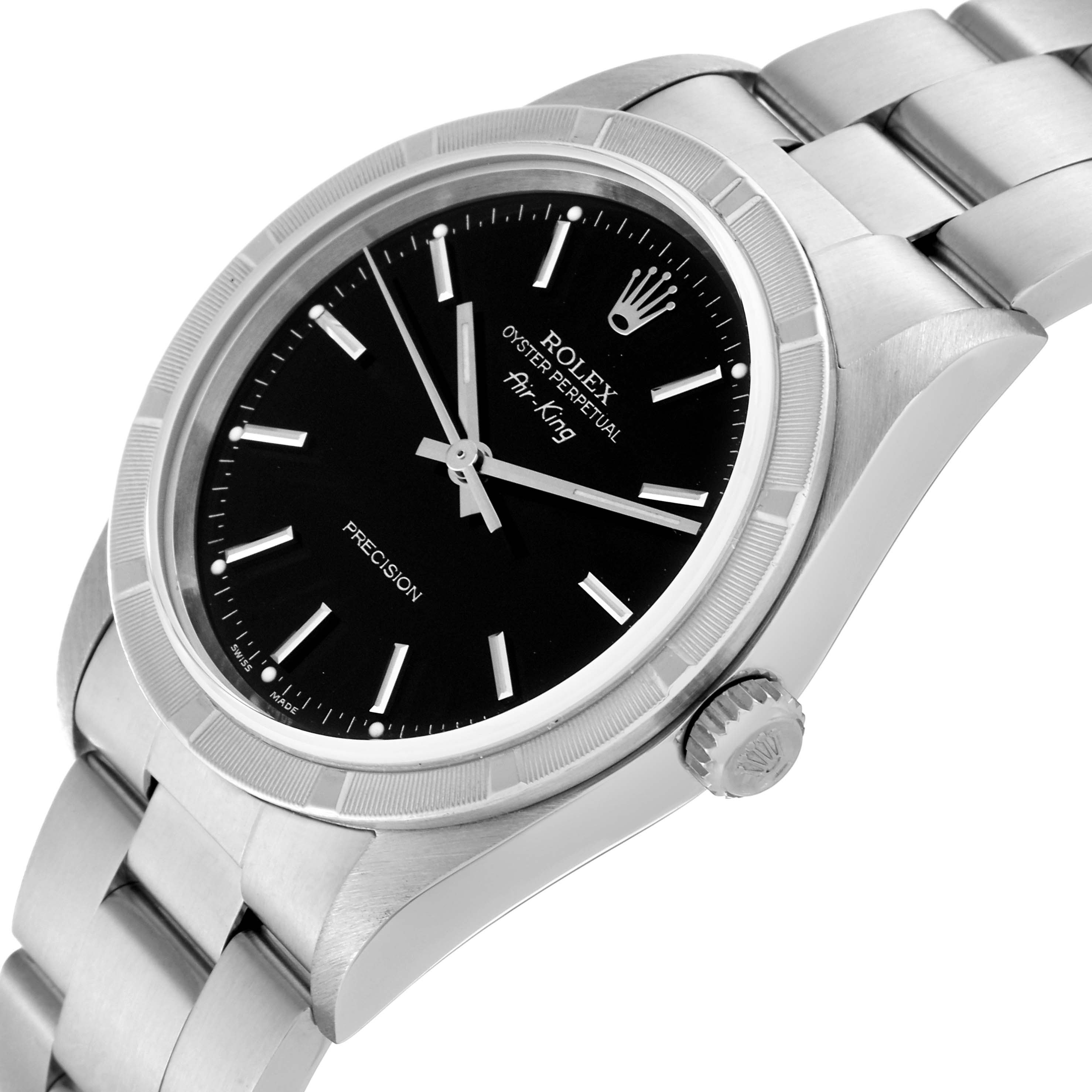 The image shows a Rolex Air-King 14010 Men's Stainless Steel Black Dial 14010 Men's Stainless Steel Black Dial watch at a slight angle, highlighting the black dial, bezel, crown, and part of the stainless steel bracelet.