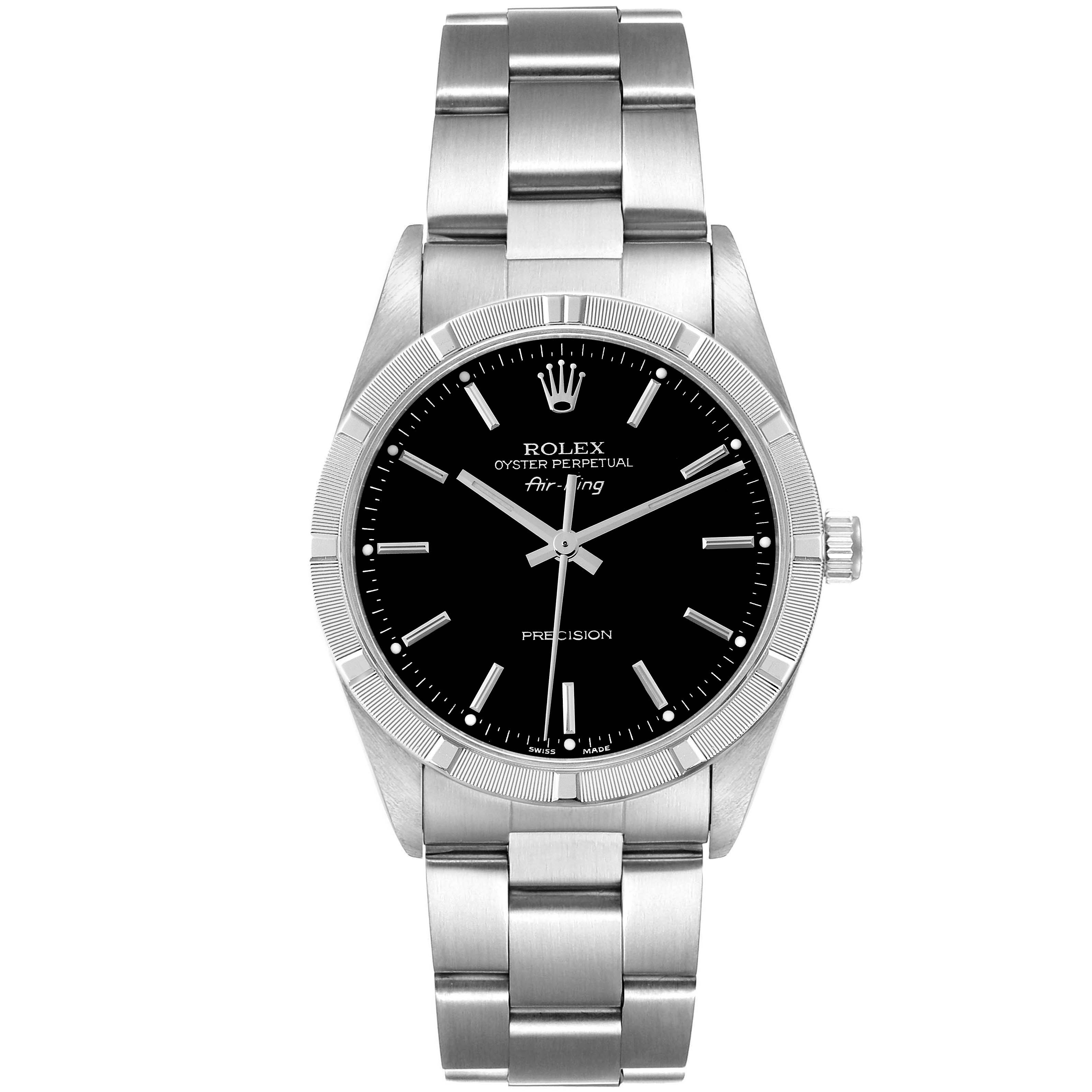 The Rolex Air-King 14010 Men's Stainless Steel Black Dial 14010 Men's Stainless Steel Black Dial watch is shown from a front, top-down angle, displaying the dial, bezel, case, and bracelet.