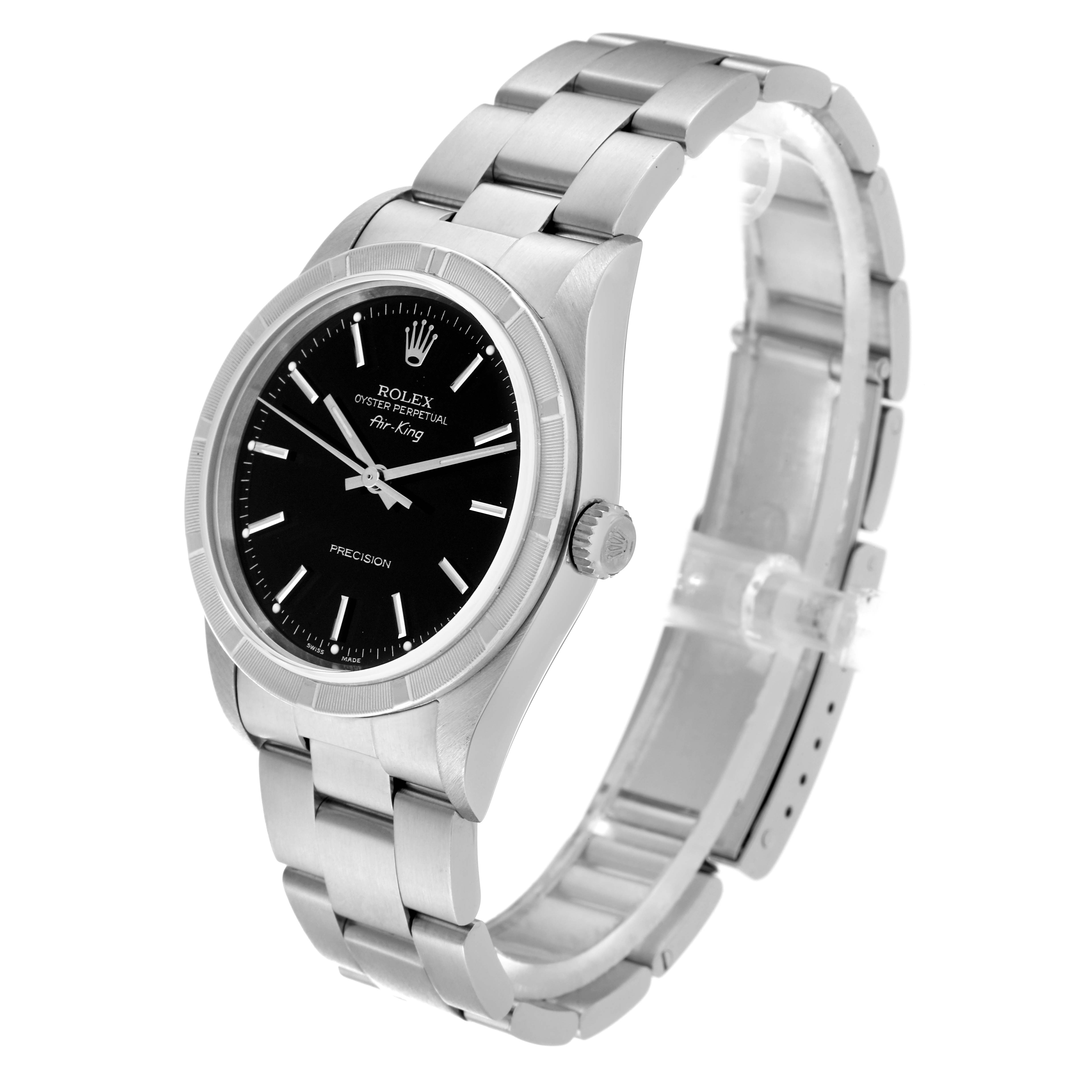 The image shows a Rolex Air-King 14010 Men's Stainless Steel Black Dial 14010 Men's Stainless Steel Black Dial watch at a 3/4 angle, displaying the watch face, crown, and full bracelet.