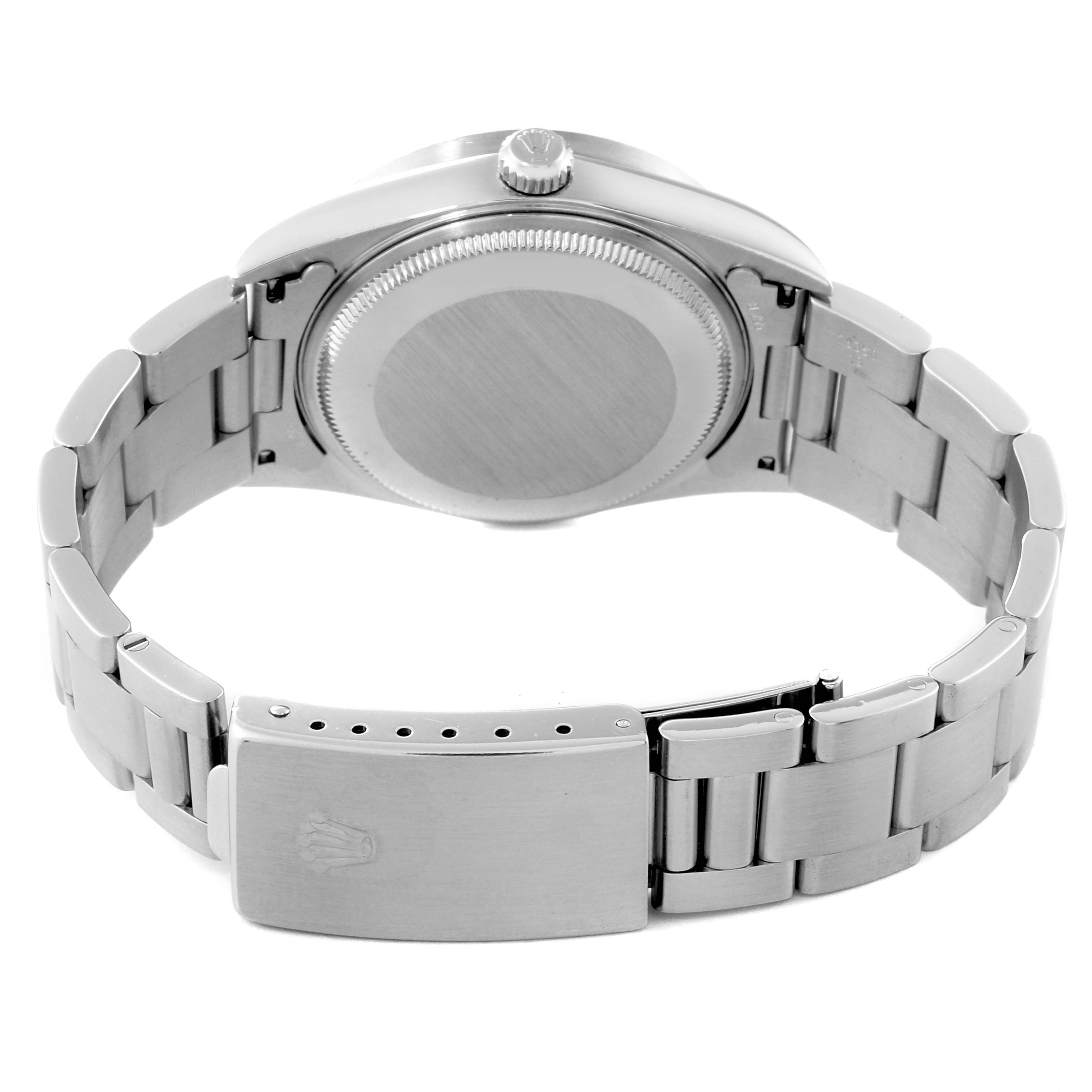 This image shows the back view of a Rolex Air-King 14010 Men's Stainless Steel Black Dial 14010 Men's Stainless Steel Black Dial watch, specifically highlighting the case back and bracelet clasp.