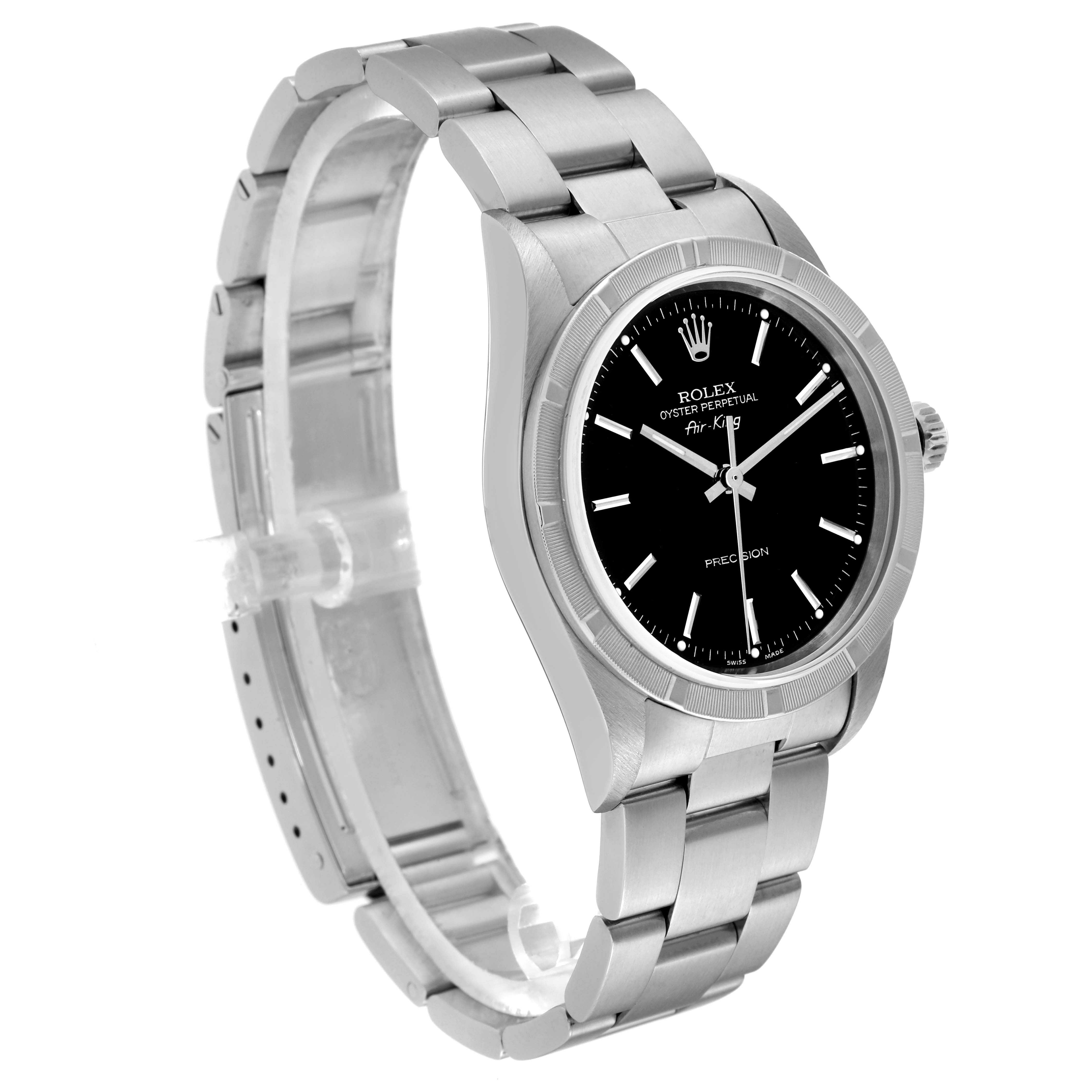 The image shows a side angle of the Rolex Air-King 14010 Men's Stainless Steel Black Dial 14010 Men's Stainless Steel Black Dial watch, displaying its face, bezel, case, crown, and bracelet.