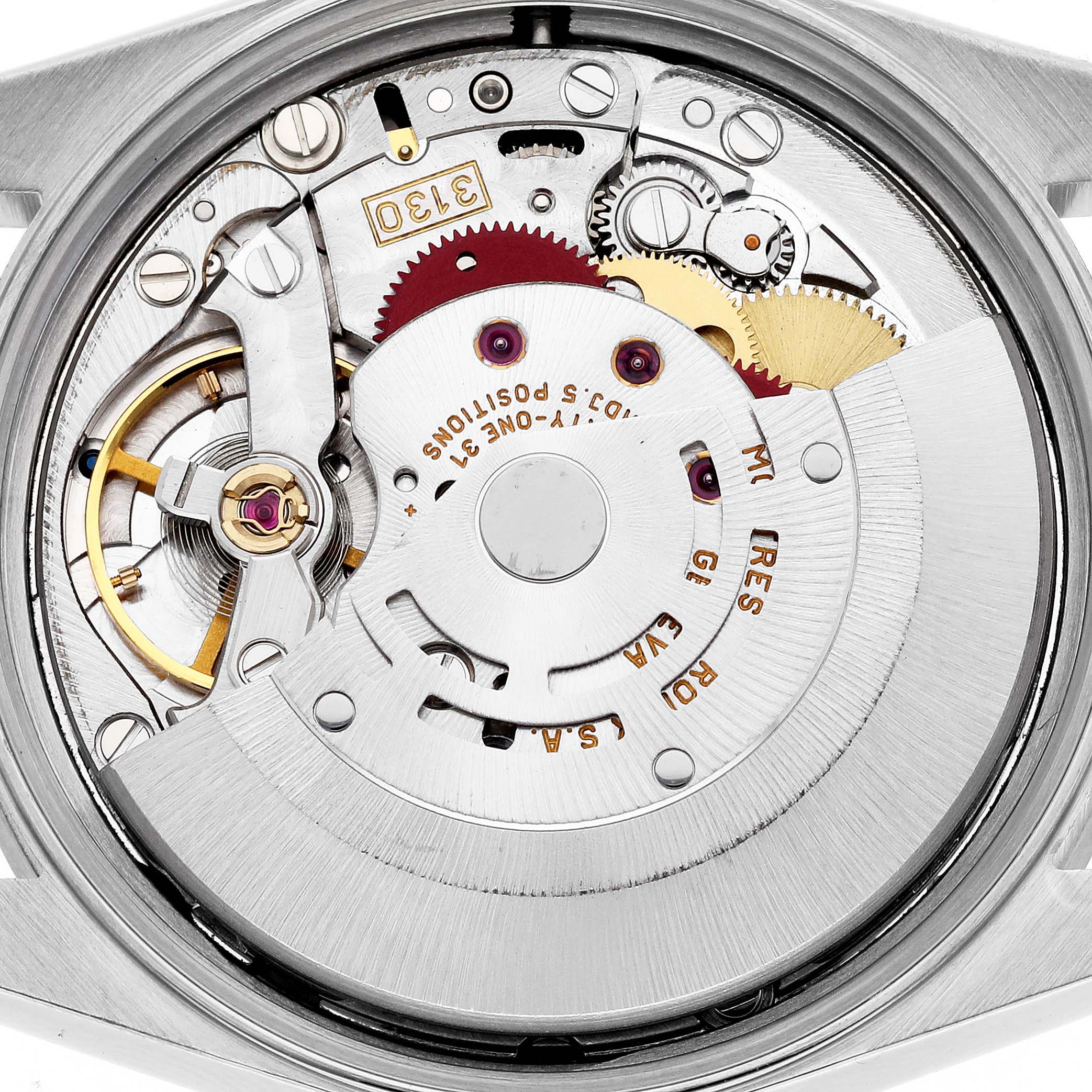 This image shows the internal mechanical movement of a Rolex Air-King 14010 Men's Stainless Steel Black Dial 14010 Men's Stainless Steel Black Dial watch from the back.