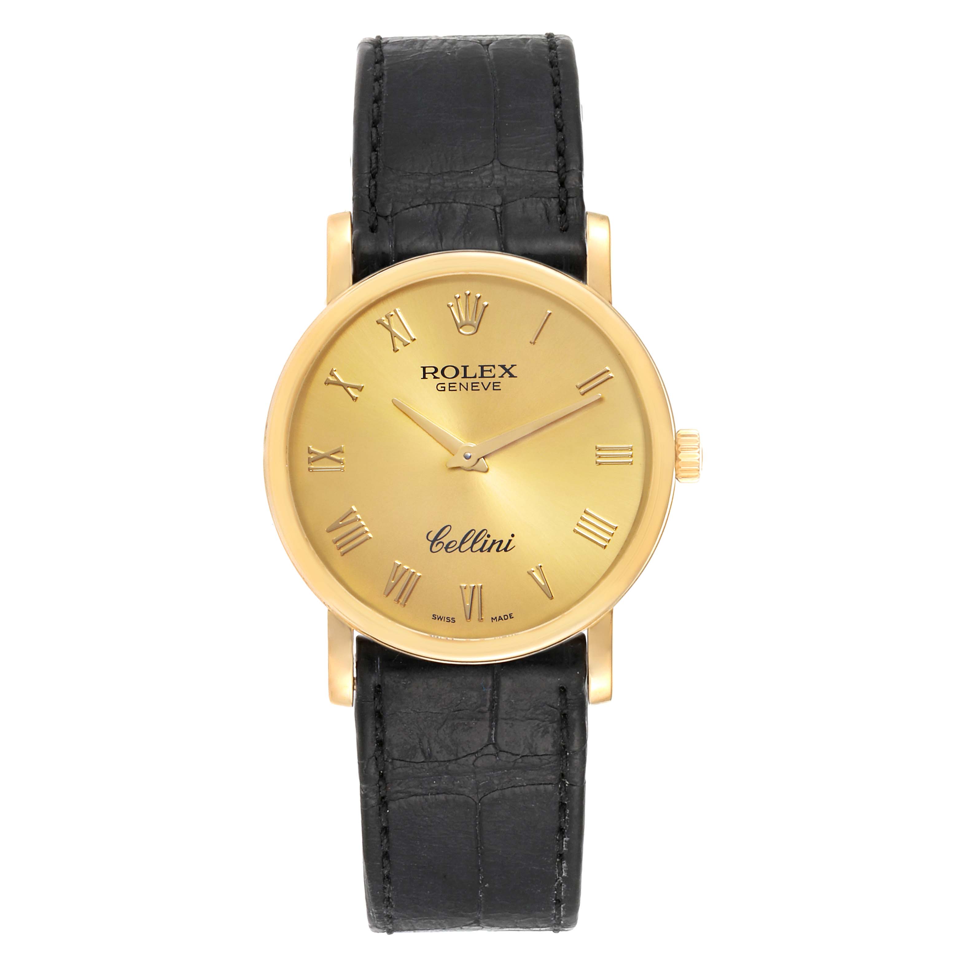 This image shows a front view of the Rolex Cellini 5115 Men's Yellow Gold Champagne Dial 5115 Men's Yellow Gold Champagne Dial watch, displaying its gold dial, Roman numerals, and black leather strap.