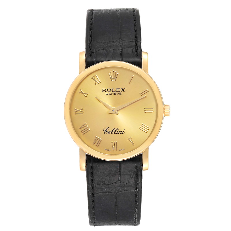 Rolex Cellini Classic Yellow Gold Brown Strap Mens Watch 5115 Box Card ...