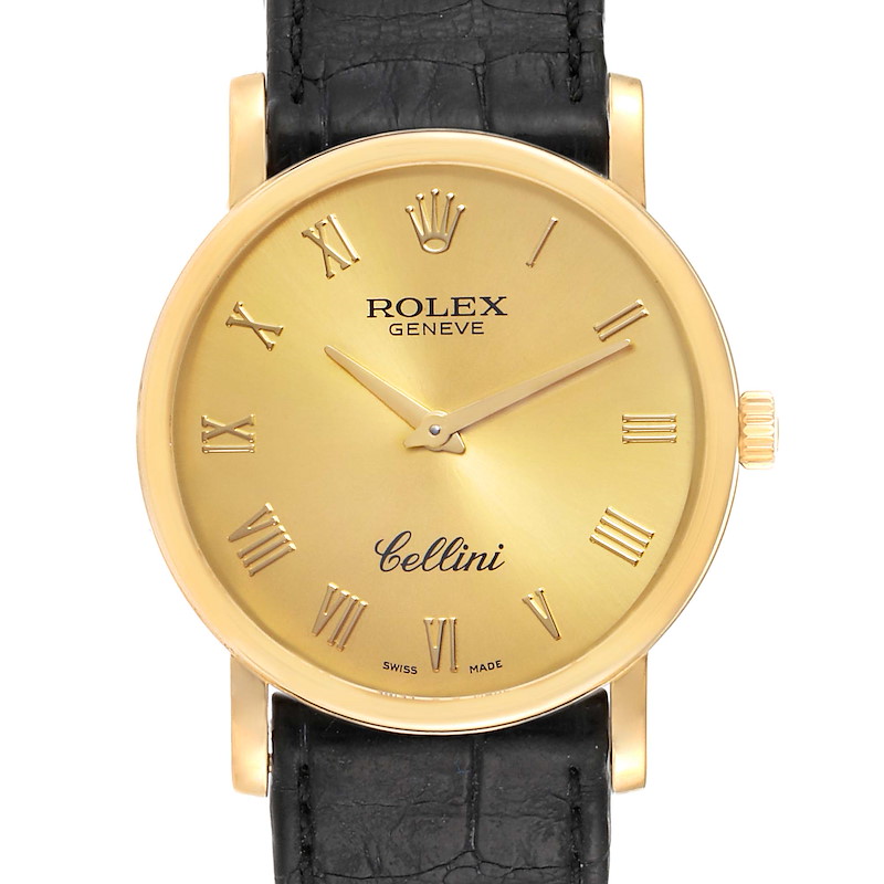 Rolex Cellini Classic Yellow Gold Brown Strap Mens Watch 5115 Box Card SwissWatchExpo